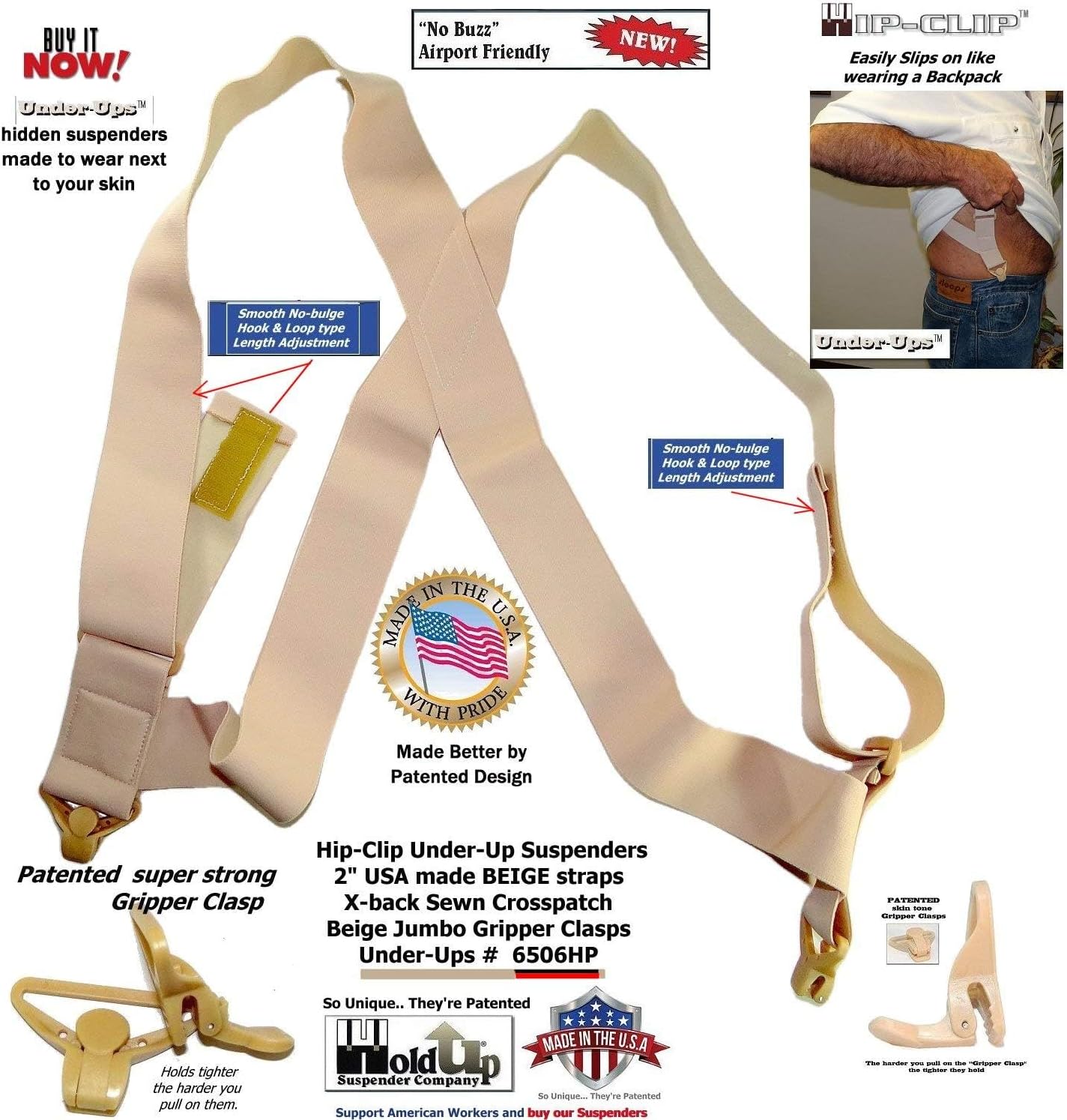 Holdup Hip-Clip Style Under-Ups Suspenders for Men with the Patented Composite Plastic Gripper Clasps or No-slip metal clips
