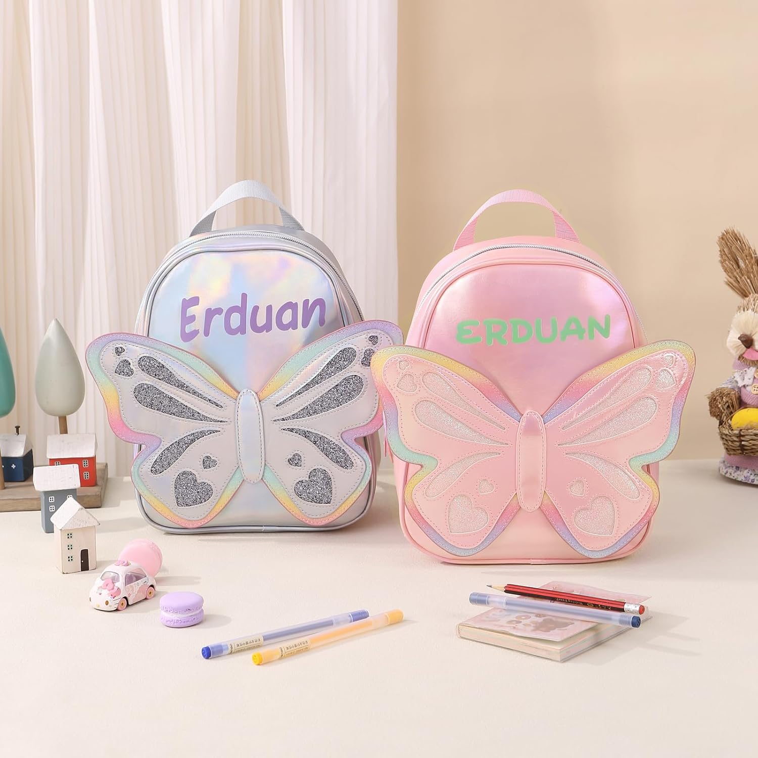 Personalized Mermaid Backpack for Kid Girls, Mini School Bag with Embroidered Name, Pink Purple Green, 12-inch, Ages 3-10 (Butterfly, Pink)