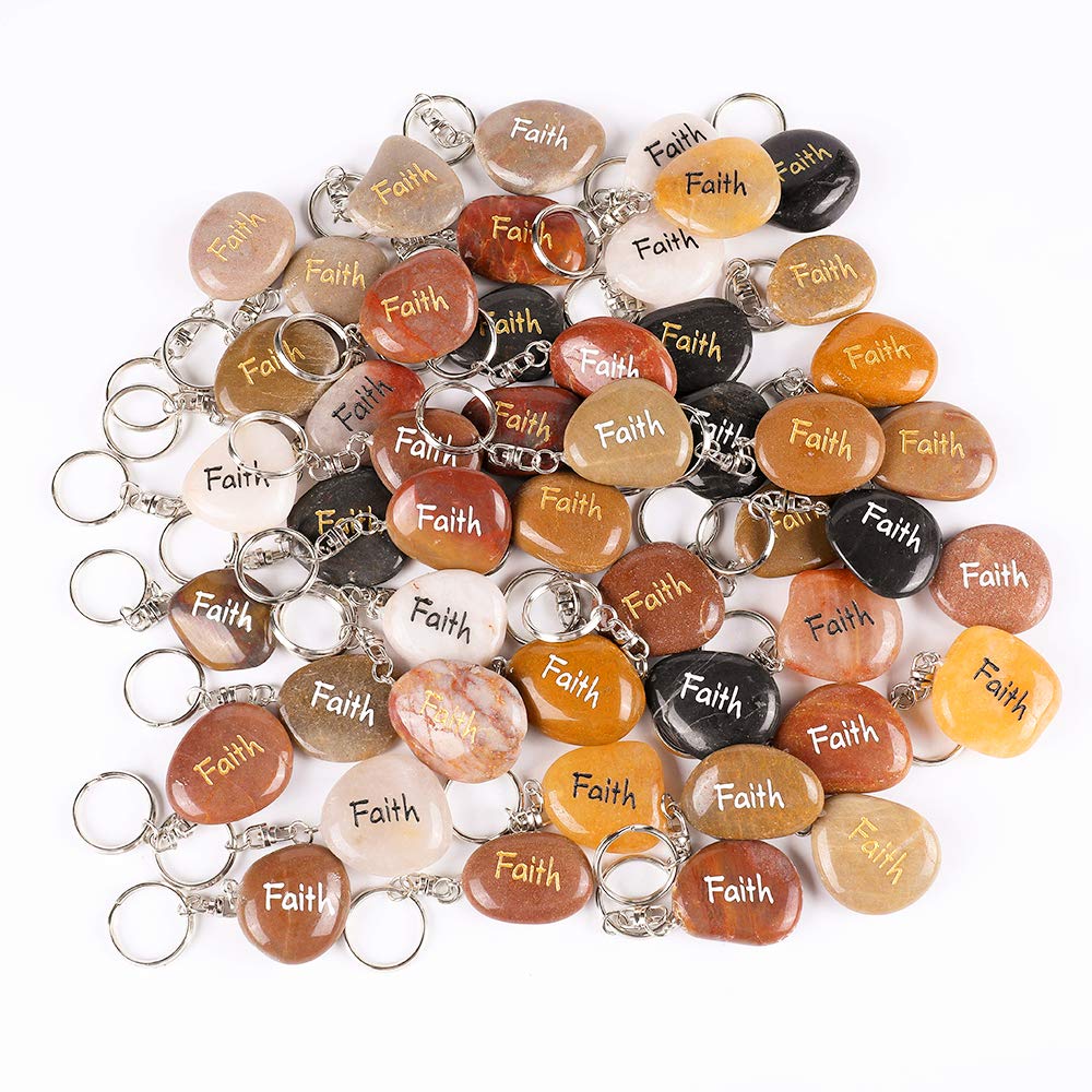 ROCKIMPACT 50PCS Faith Inspirational Stones Key Chains, Faith Wholesale Lot, Engraved Natural River Rock Faith Stone Key Rings Keychains, Healing Stone Keychain (50 Pieces, Faith)