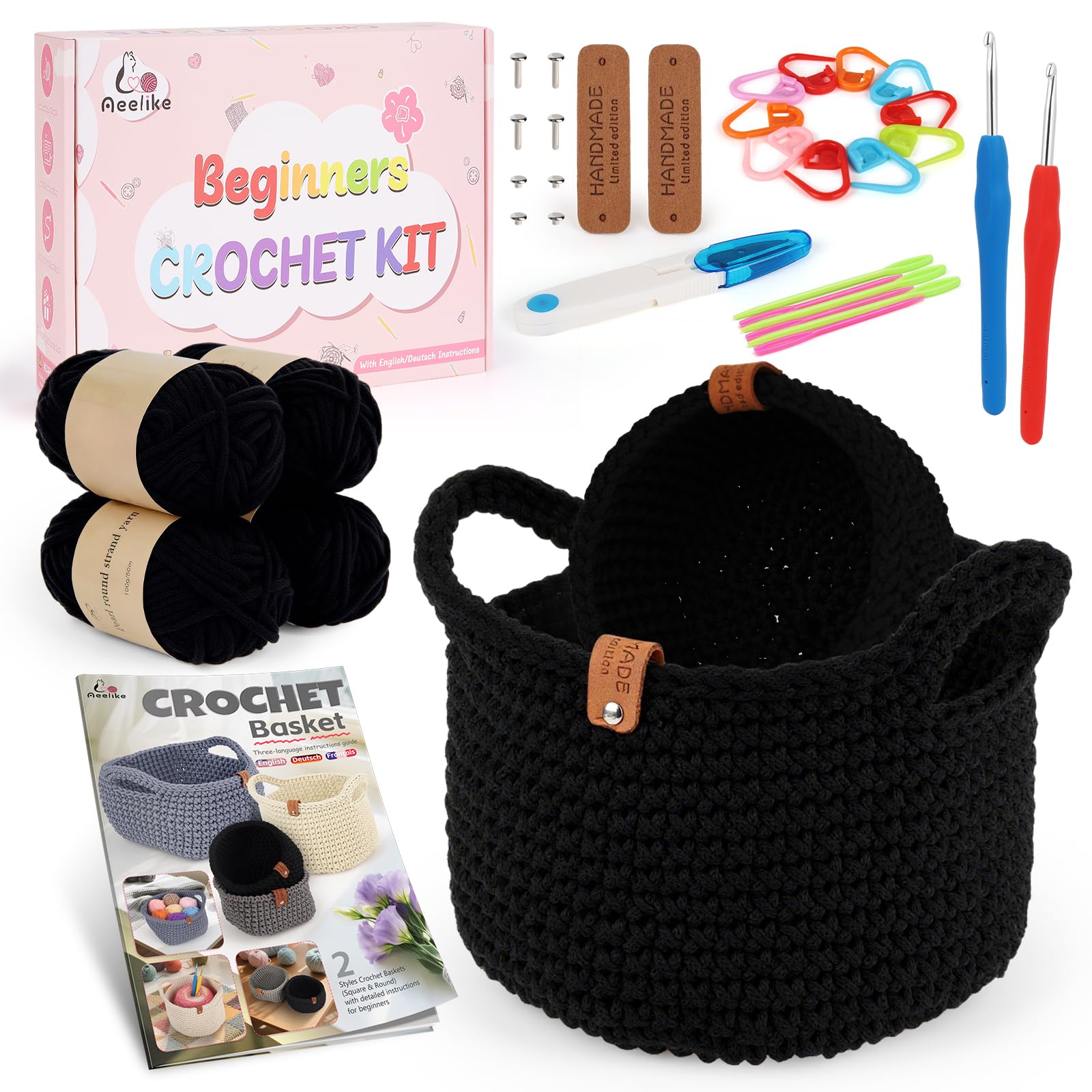 Aeelike Crochet Basket Kit for Beginner,Black Round Basket,Gift Box Package