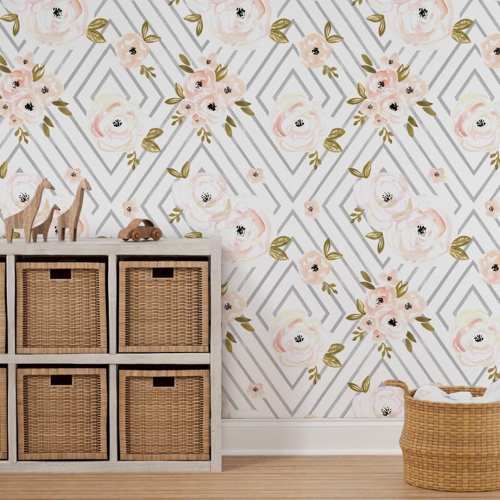 Peel & Stick Wallpaper 3ft x 2ft - Peach Roses Mod Rose Gray Floral Flower Geometric Grey Feminine Watercolor Baby Girl Custom Removable Wallpaper by Spoonflower