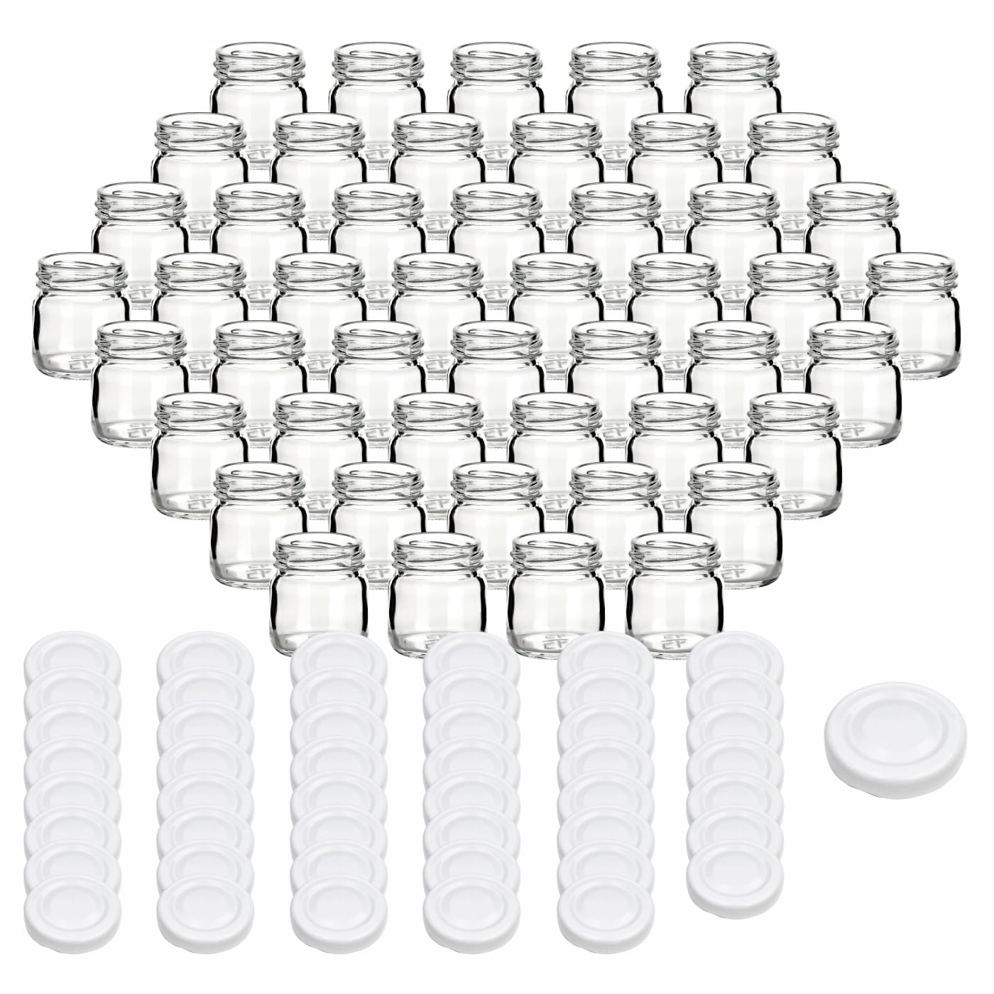 gouveo 48er Set Einmachgläser 40 ml Mini mit Schraubdeckel weiss - Mini Vorratsgläser mit Drehverschluss TO43 - Mini Schraubglas zum Einkochen für Marmelade, Konfitüre (EGR040W)