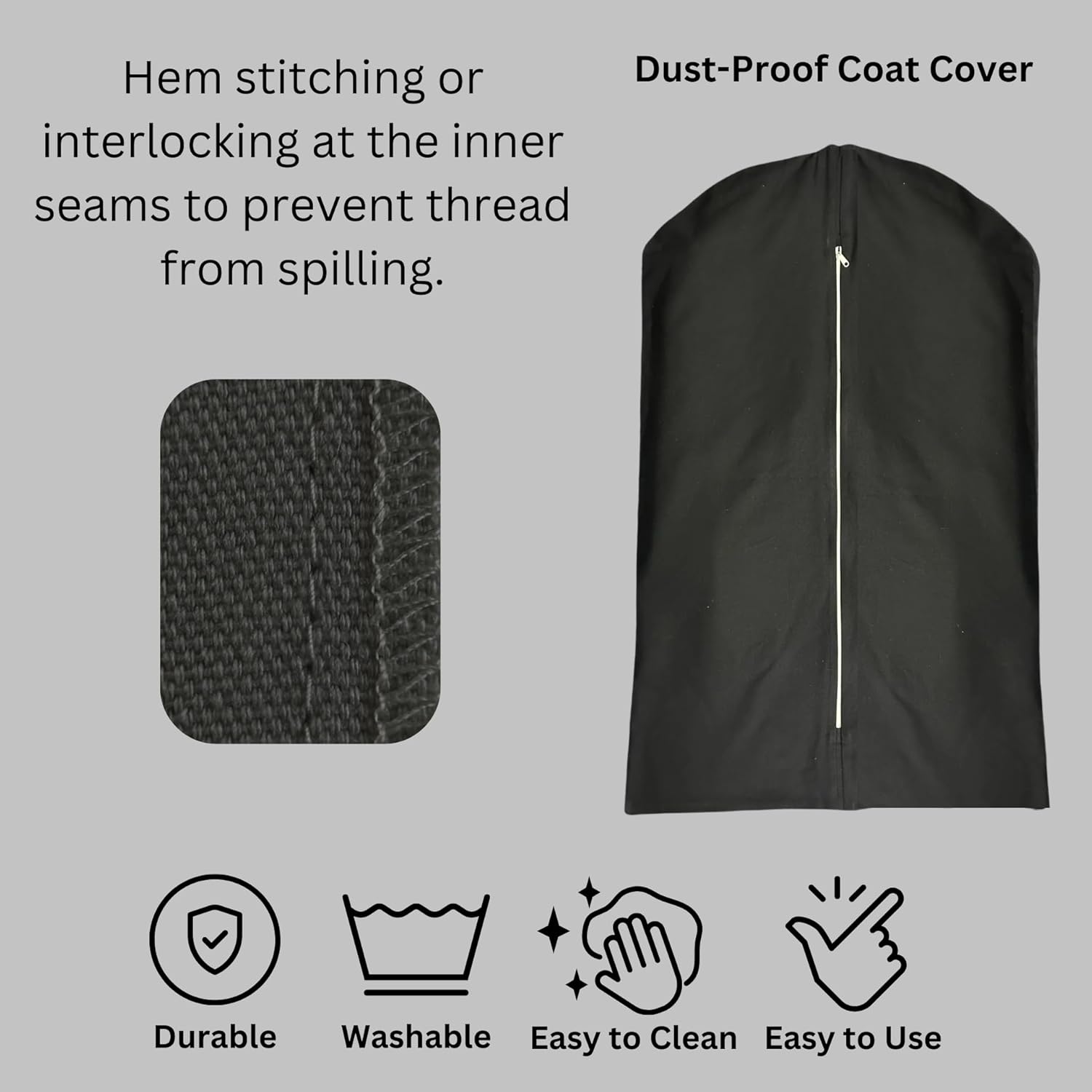 Premium 100% Cotton Garment Bags – 48" Black Canvas Suit Cover with YKK Zipper – Breathable, Dust-Proof Storage for Suits, Coats, Dresses, Jackets & Travel/Closet Use