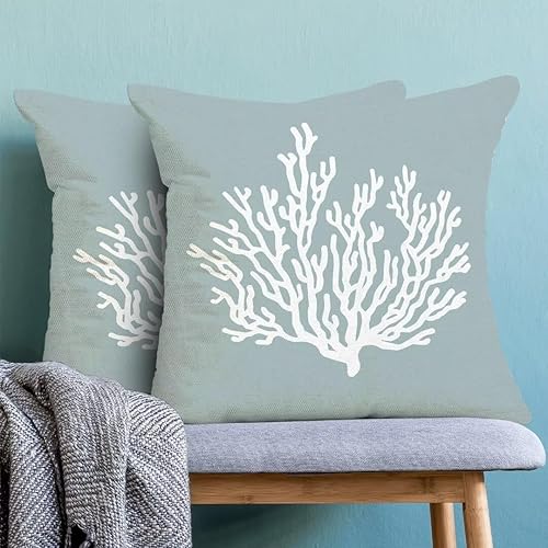 Miniatura 10 de AEIOAE Juego de 2 fundas de almohada costeras de 12 x 20 pulgadas, fundas de almohada de lino con estrellas de mar azul marino, decoración náutica