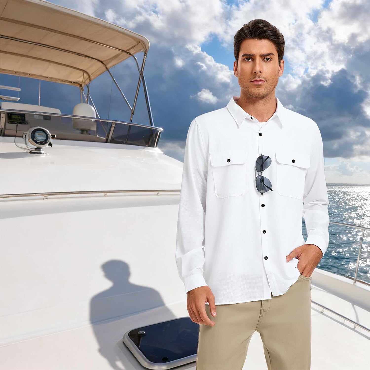 Men's UPF 50+ Sun Protection Fishing Shirts Long Sleeve Quick Dry Cooling Hiking Safari Button Down Shirt Roll Up Sleeve