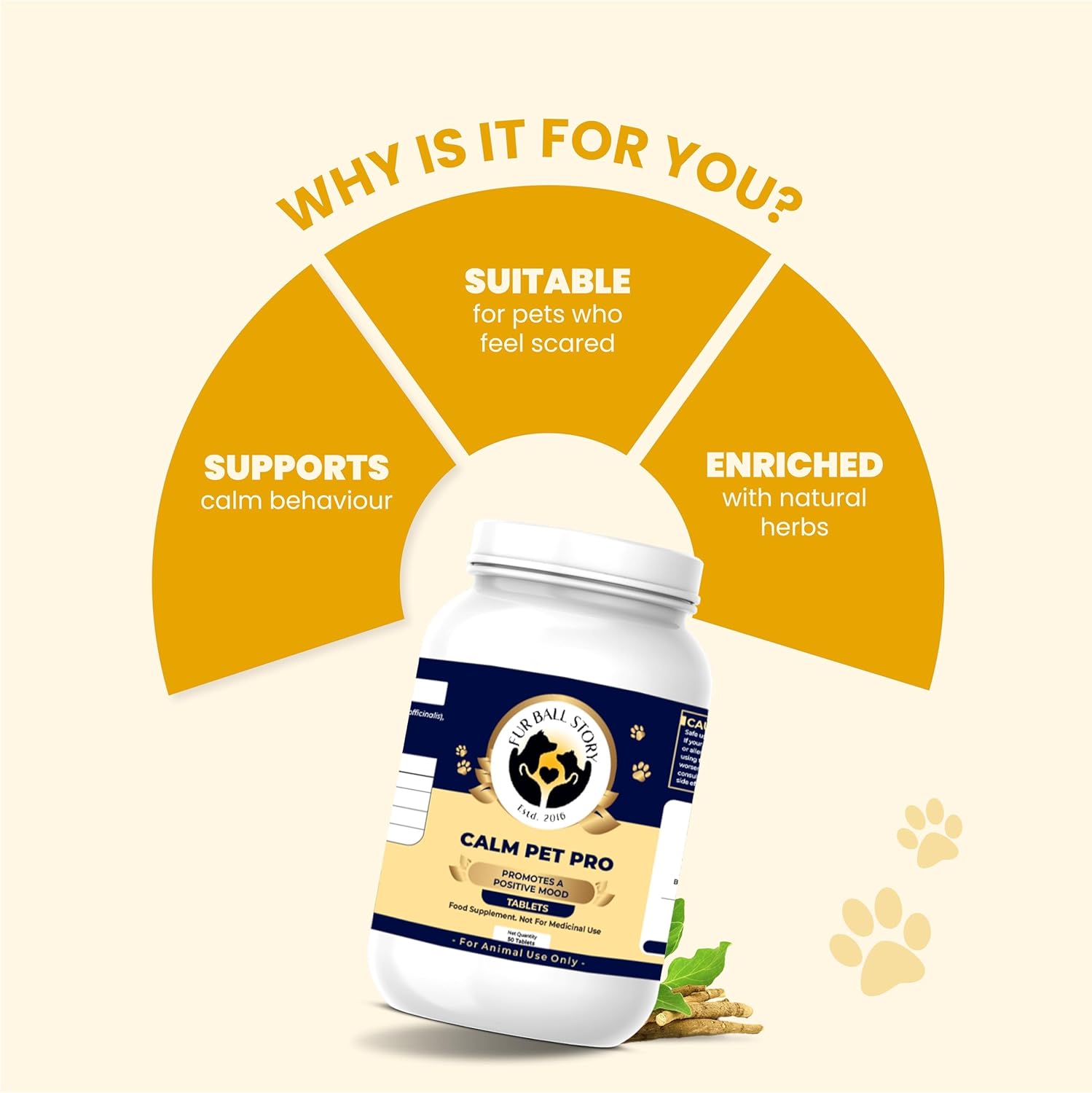 Fur Ball Story Calm Pet Pro - Calming Supplement for Dogs & Cats | Supports Relaxed Mood | Banana-Vanilla Flavour (50 Tablets)