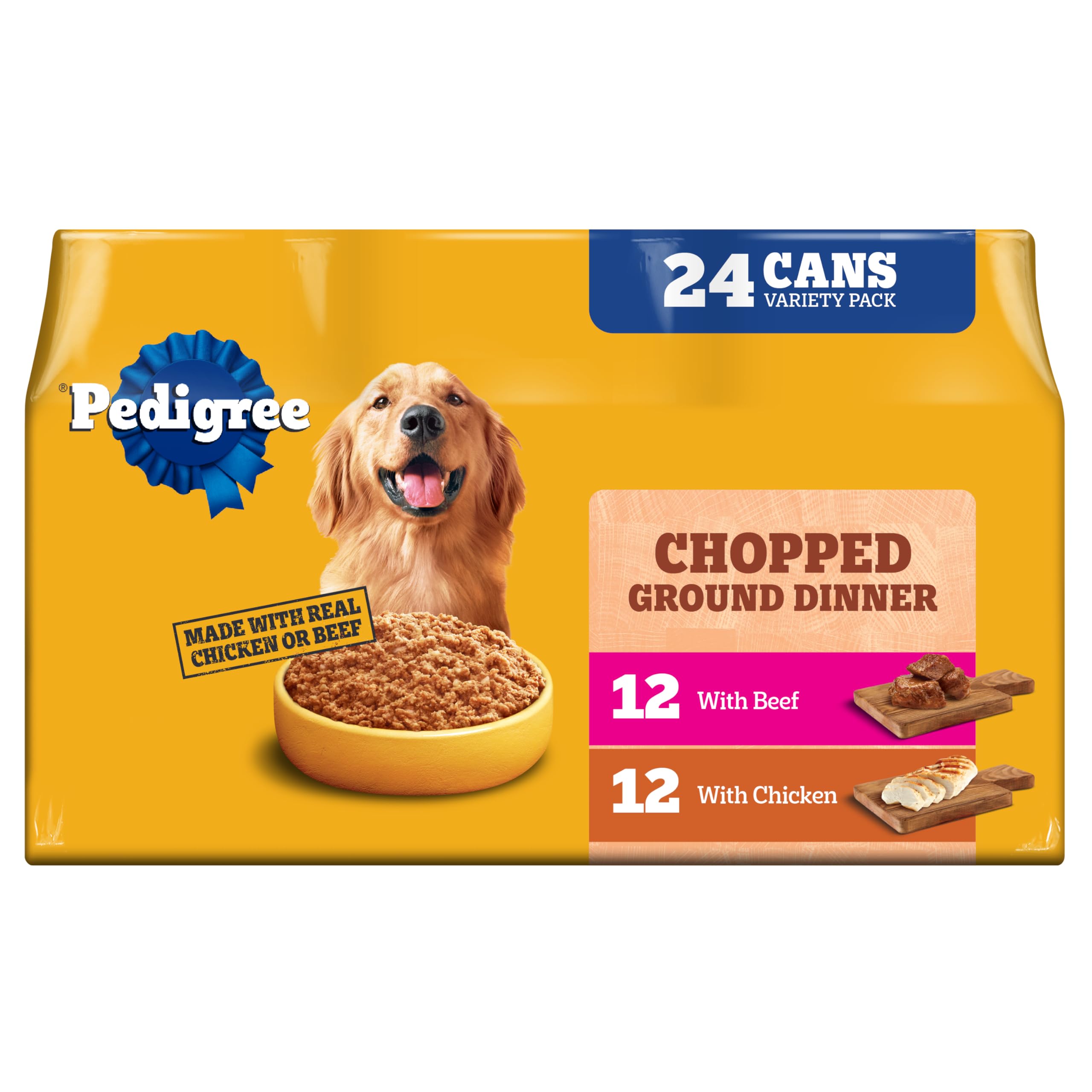 Pedigree Chopped Ground Dinner Wet Dog Food Chicken & Beef Variety Pack, (24) 13.2 oz. Cans