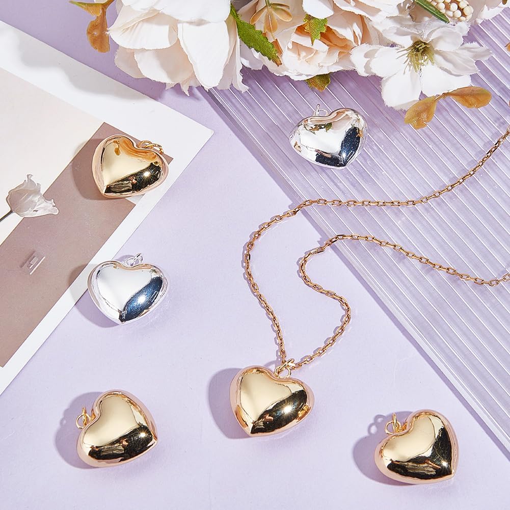 Beebeecraft 6Pcs 2 Colors 3D Heart Charms For Jewelry Making, 18K Gold & 925 Sterling Silver Plated Brass, Puffy Love Heart Charms for Valentine DIY Crafts Necklace Pendant