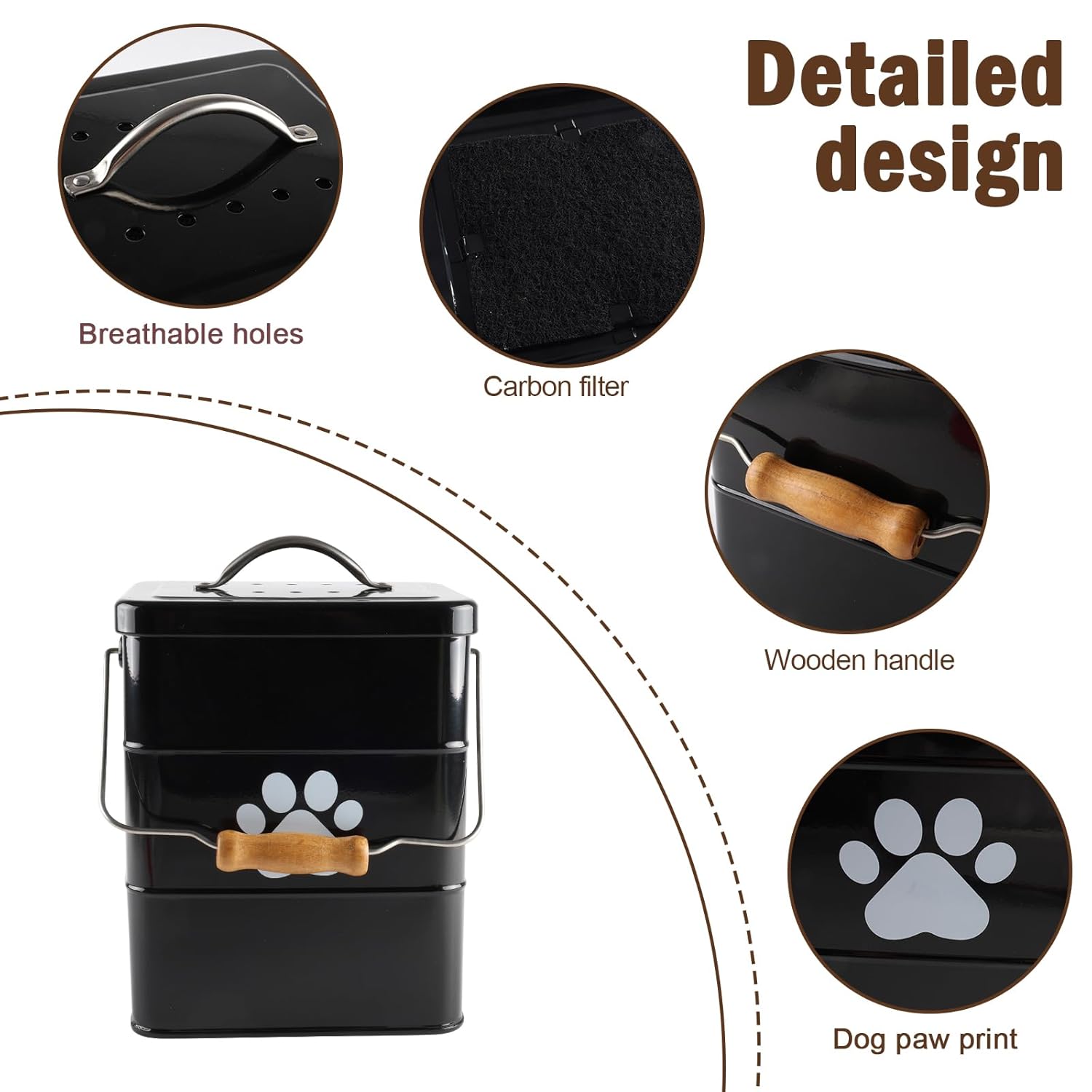 Metal Dog Poop Trash Can Outside,1.5Gal/6L Dog Waste Trash Can with Lid/Filter/Handle,Pet Waste Container Bucket with 75 Trash Bags-Black