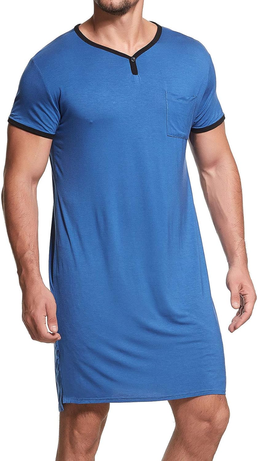 Lu's Chic Men's Nightshirt Short Sleeve Nightgown Henley Sleep Gowns Nightwear for Sleeping - Image 4