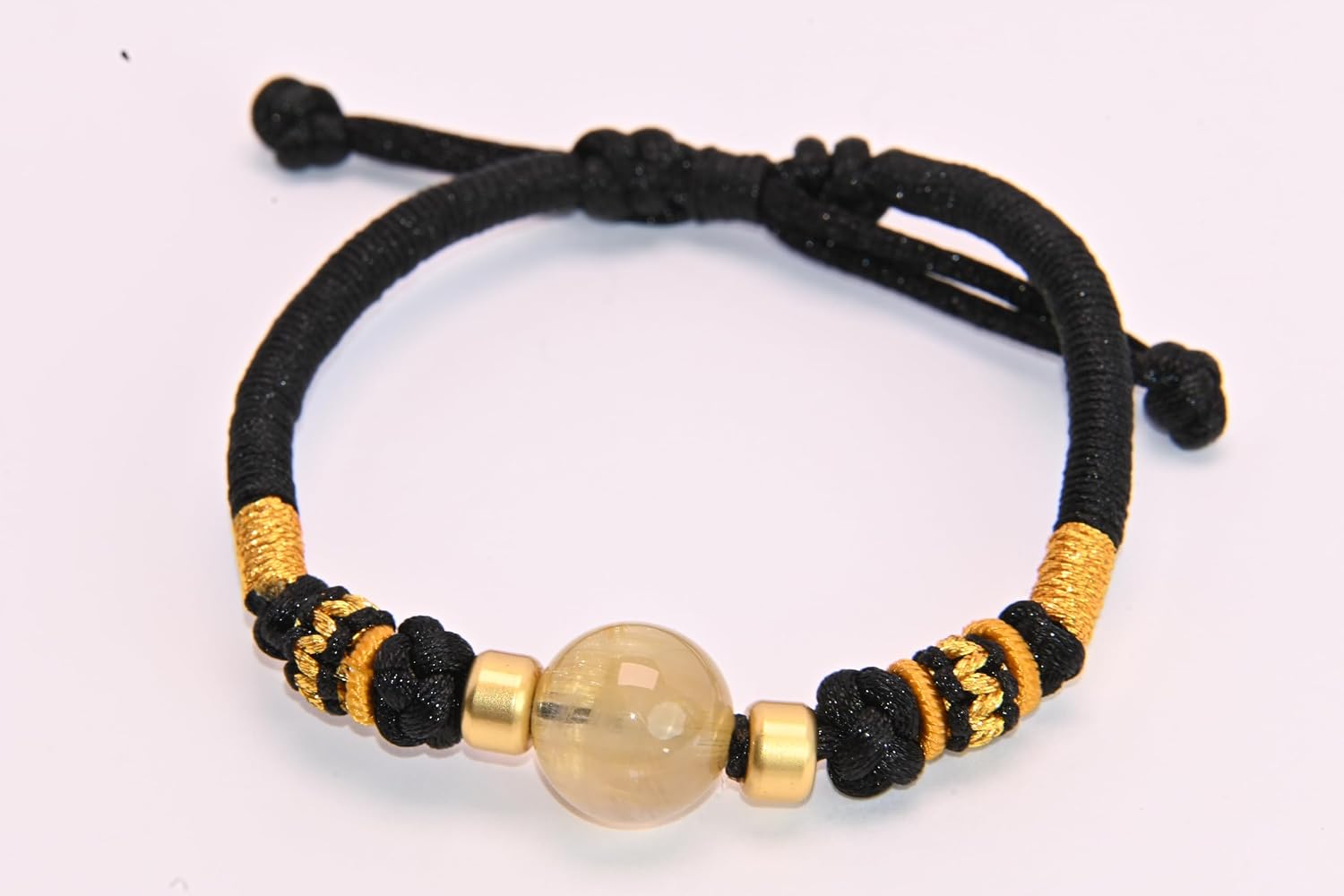 Chinese Style Fashion Natural Black Rutilated Quartz Bracelet for Men and Women, Adjustable Handmade Red Rope Lucky Gold Bead Jewelry, Healing Crystal Wealth and Protection Gift, Feng Shui Inspired. The crystal is (Golden Hair Quartz).
