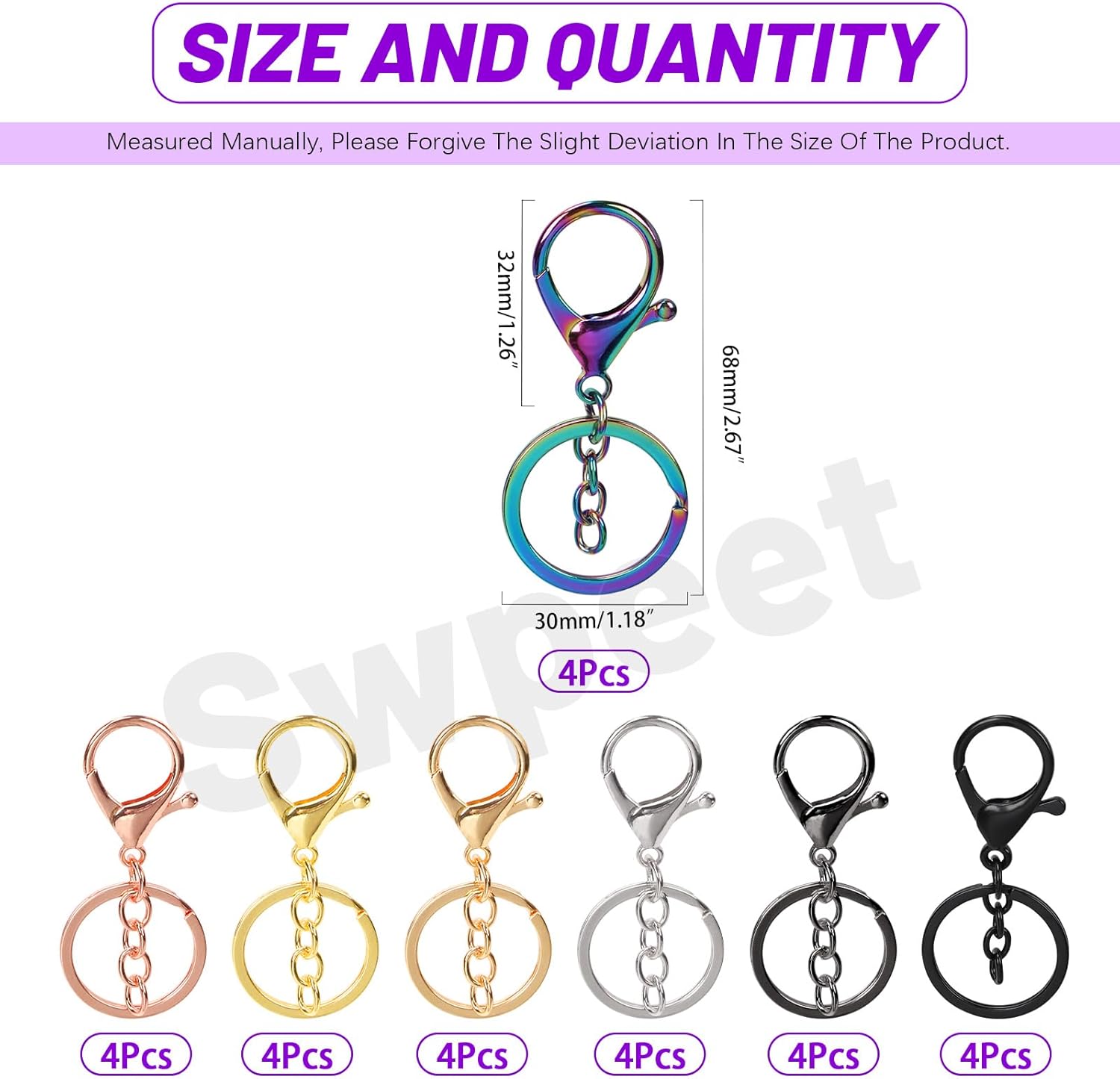 Swpeet 28Pcs 7 Colors Lobster Claw Clasps with Key Chain and Flat Split Keychain Ring Assortment Kit, Swivel Clasps Hook Clips Swivel Snaps Hooks for Purse Strap Keychain DIY Crafts - Image 2