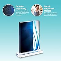 Vista 4 de Trofeo grabado – Acrílico azul – Forma rectangular – Acentos de rayas de colores – Grabado personalizado – Premio para empleados