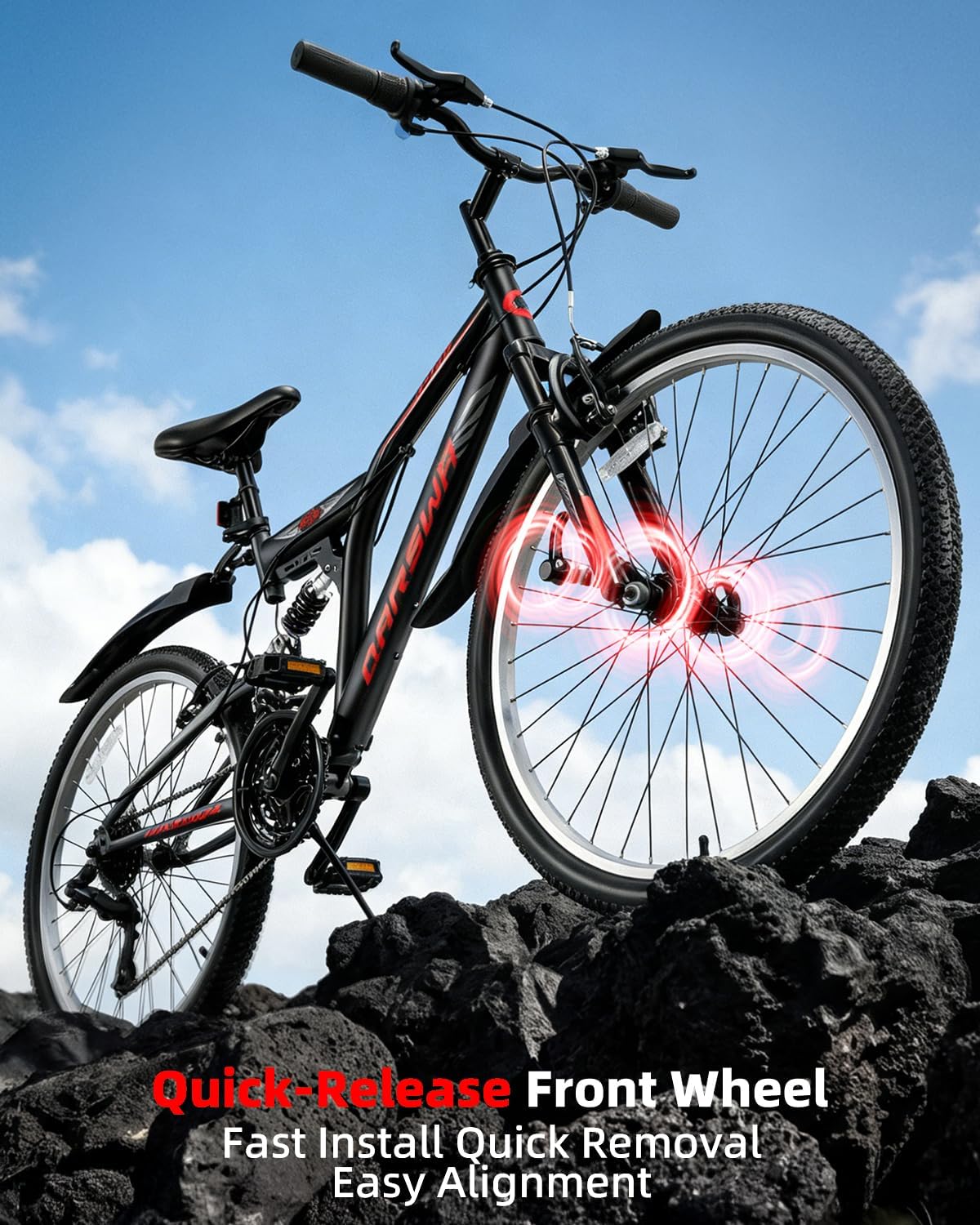 24 Inch Mountain Bike for Men & Women, 21-Speed Full Suspension MTB, High-Carbon Steel Frame, Quick Release Front Wheel, Dual Fenders, Easy Assembly, Trail & Commuter Bicycle