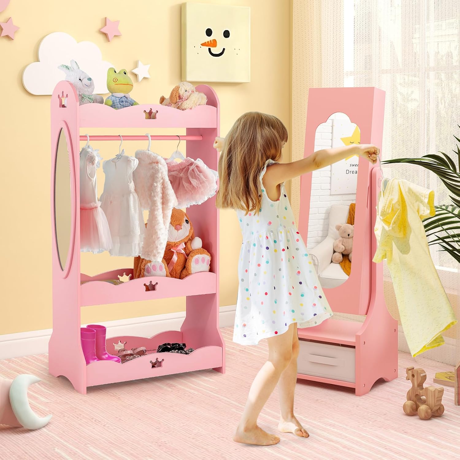 HONEY JOY Kids Jewelry Armoire Cabinet, 41.5" Standing Wooden Standing Jewelry Organizer with Full-length Mirror and Storage Box, Children Dress Up Vanity Jewelry Cabinet for Little Girls (Pink)