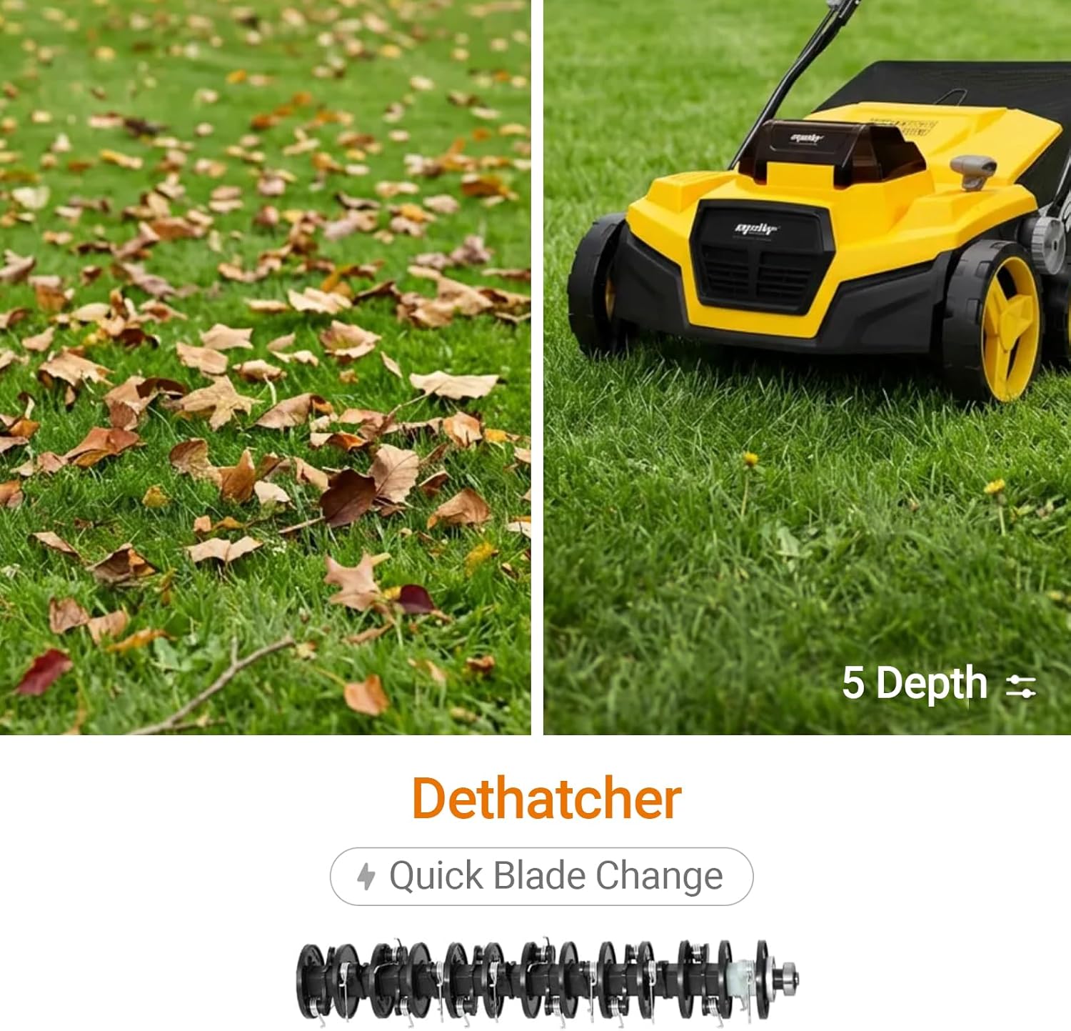40V Cordless Brushless 15IN Scarifier & Dethatcher (Tool Only), 2-in-1 Lawn Aerator, 12 Gal Bag, Air Boost Technology, 5 Adjustable Depths, Walk-Behind for Lawn Care (Yellow-No Battery)