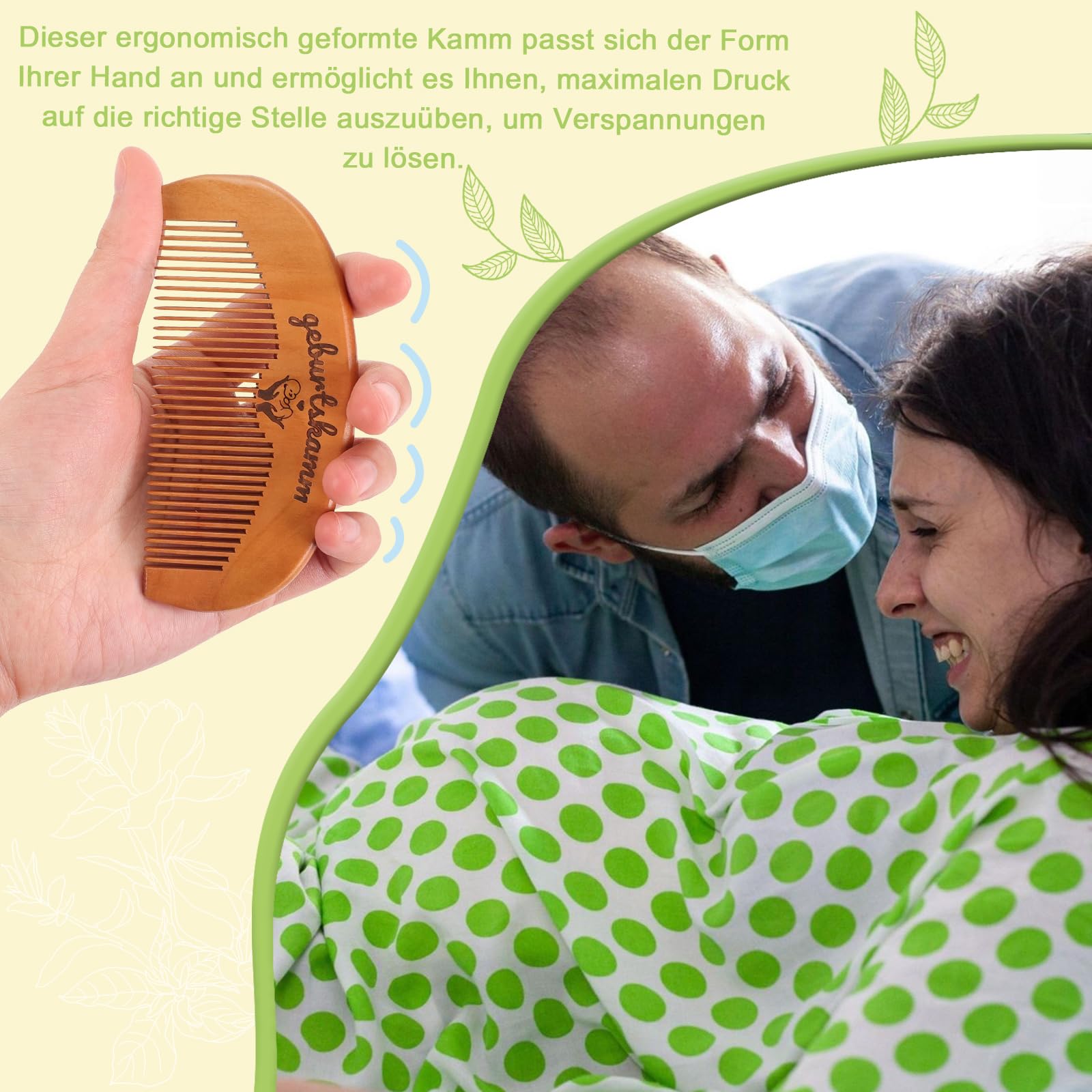Kaempe Grzebień porodowy, drewniany grzebień, prezent dla matki, grzebień z drewna grzebieniowego, do łagodzenia niepokoju, naturalne łagodzenie bólu, łagodzenie stresu
