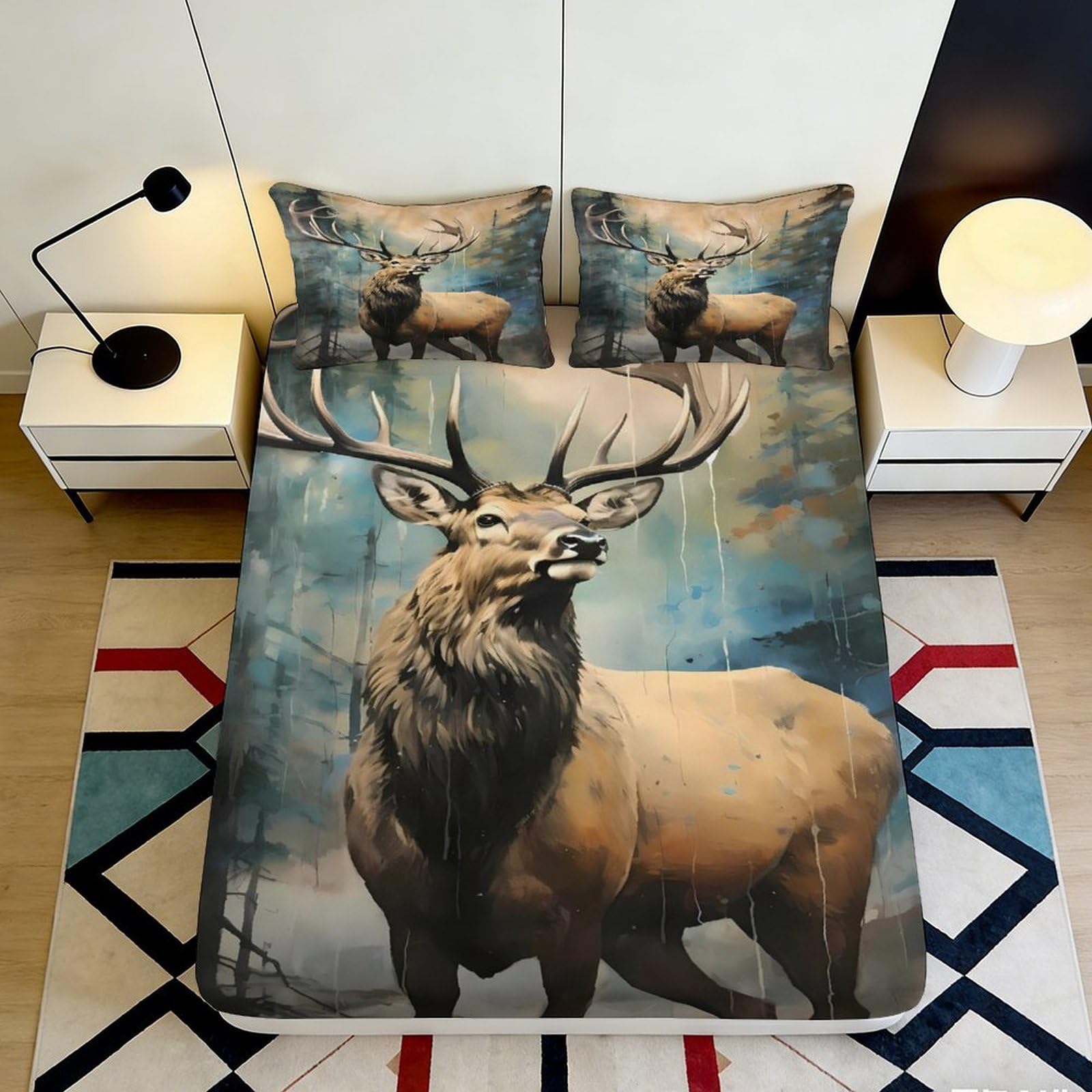 3D Printed Forest Elk Fitted Sheet Microfiber Soft Decorative Woodland Deer Bed Cover for Bedroom Guest Room 90x200x25cm