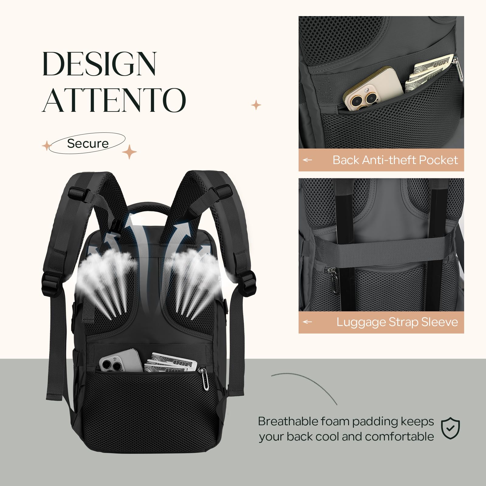 für Ryanair Handgepäck 55x40x20,Rucksack Handgepäck,Reiserucksack Handgepäck Flugzeug,44L,mit 17.3" Laptopfach und Diebstahlschutztasche,Unisex,Schwarz