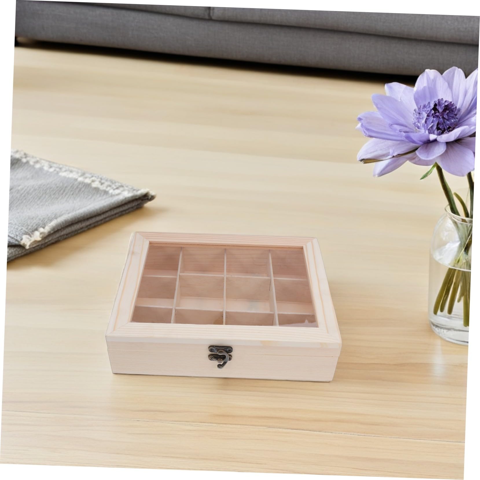 Caja Organizadora de Té de 12 Compartimentos Beige 10 , 24x7, 68x2, 36 | Madera PC y Acero Inoxidable, Estructura con Divisiones Protectoras, Formato Compacto para Armario y Despensa