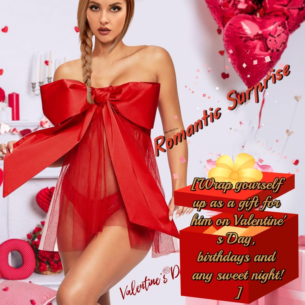 Women lace Babydoll V Neck Mesh Chemise Nightie Open Front Negligee Sexy Sleepwear Wedding Honeymoon (Red, One Size)