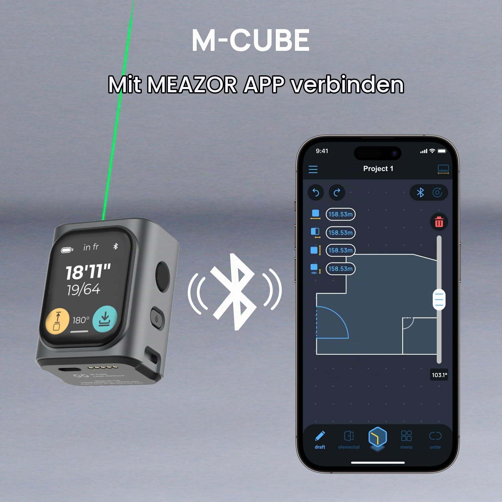 HOZO M-Cube Laser-Entfernungsmesser Grünstrahl, 50m Reichweite, ±1,5mm Genauigkeit, Kompakt, Wiederaufladbar, Grüner Laser für Außen, Flächen-/Volumen-/Pythagoras-Messung, LCD-Display, Bluetooth-App