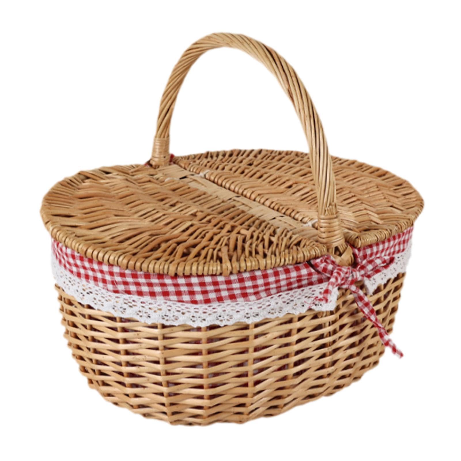 ????? Wicker Picnic Basket,Rattan Storage,Serving Basket with Lid and Handle,Wicker,Woven Basket for Park Parties Hiking,Wedding, Red White, Medium