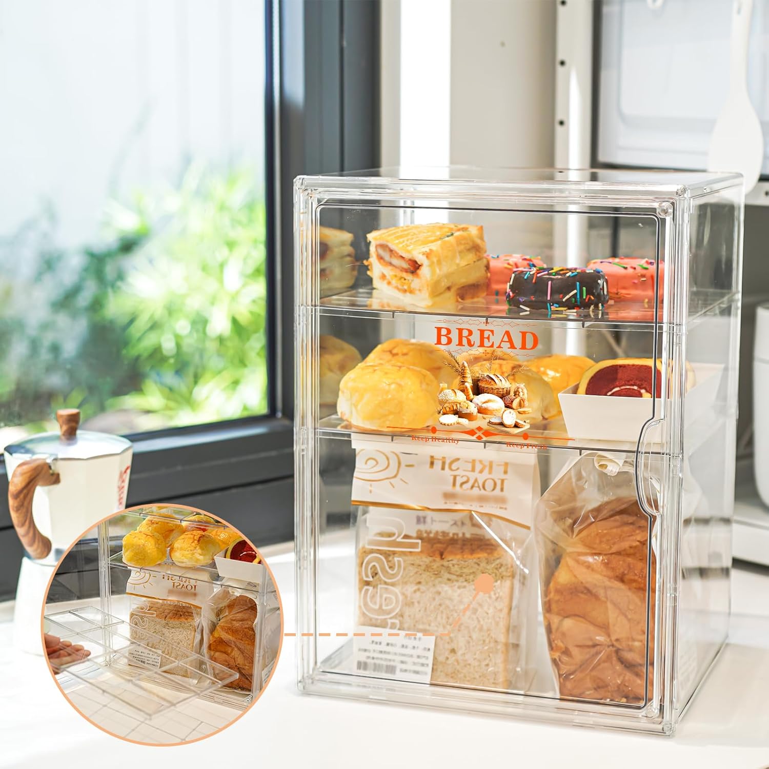 Bread Storage Container Transparent, Kitchen Bread Bin with Lock-Tight Lid, 4 Layer Adjustable Acrylic Organizer with 3 Card Slots for Countertop, Pantry Stackable Design
