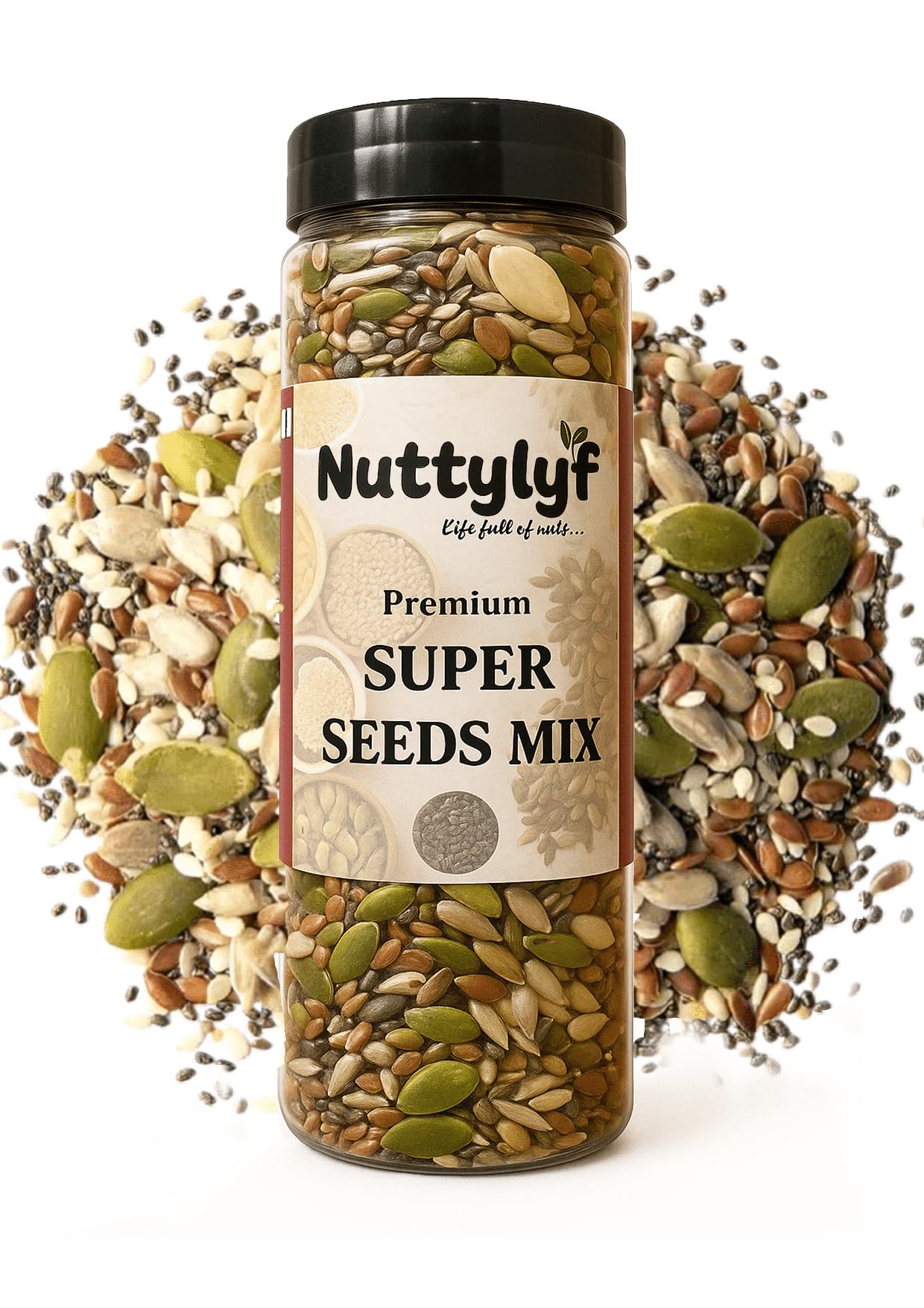 Nuttylyf 100% Natural Crunchy Seeds 5 in 1 Super Seeds Mix For Eating Chia, Pumpkin, flax, sunflower, Cranberry, Watermelon seeds High protein Roasted Diet snacks 200gm (Pack of 1) Reusable Jar