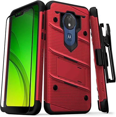 ZIZO Bolt Series Moto G7 Supra - Funda de grado militar probada contra caídas con protector de pantalla de vidrio completo, funda con función atril