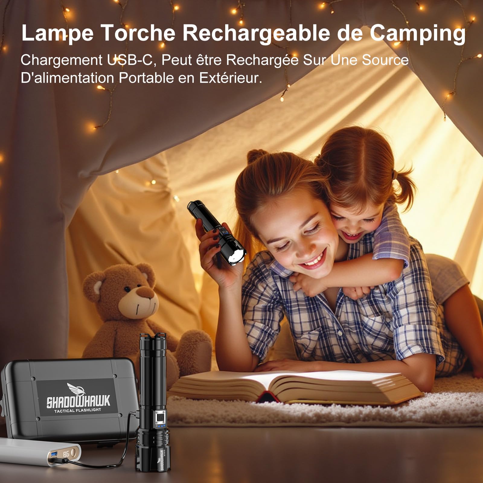Shadowhawk Lampe Torche LED Ultra Puissante, 1,000,000 Lumens Lampe de Poche Rechargeable, Lampe Tactique XHP70.2, IP67 Étanche 5 Modes D'éclairage pour Camping Randonnée Urgence