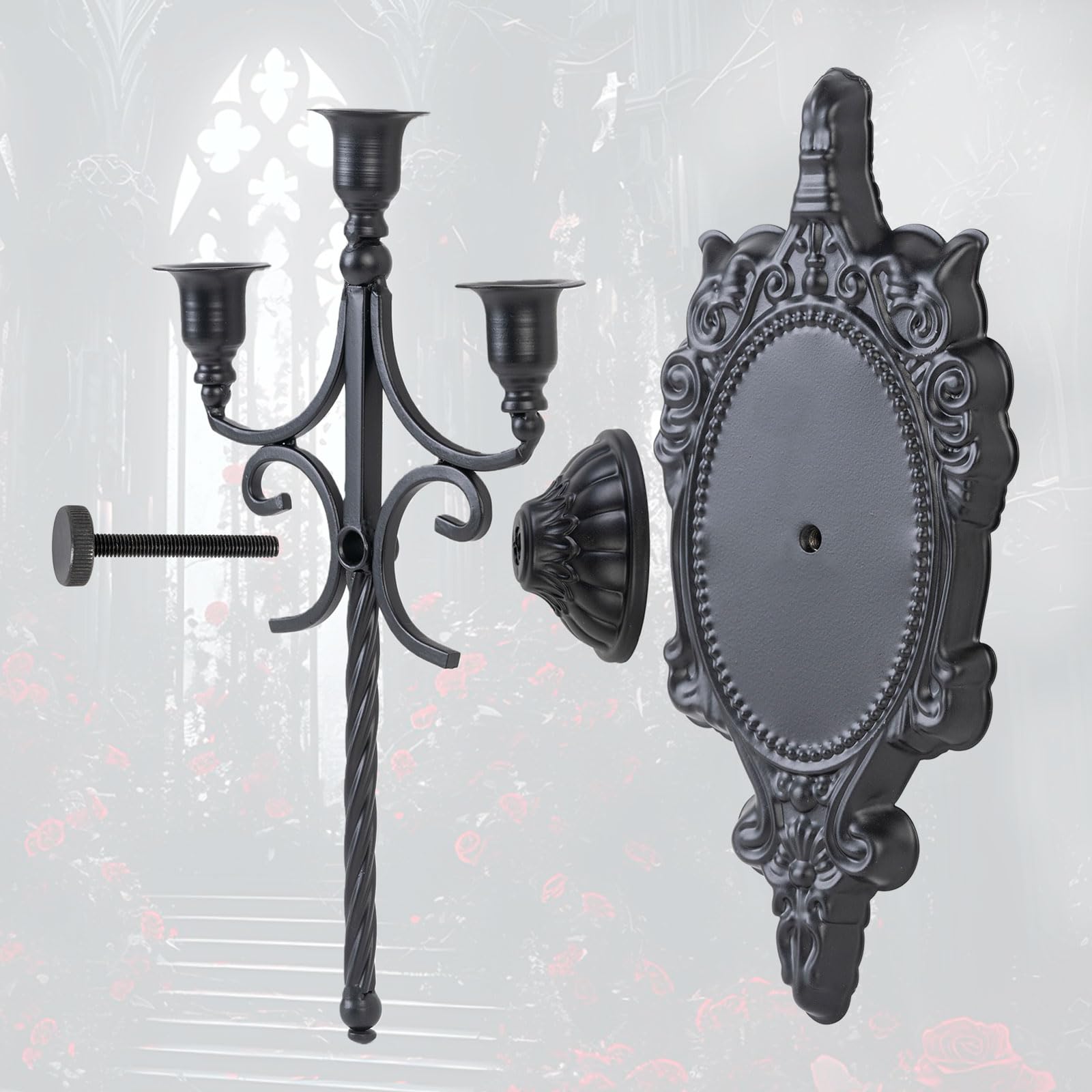 Gotische Eisen Kerzenhalter 2er-Set, 3-stufige Wandkerzenhalter für Taperkerzen, Mittelalterlicher Kirchen-Deko für Wohnzimmer Schlafzimmer, Dark Academia Wohnkult