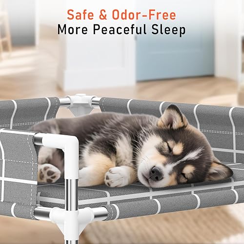 Miniatura 2 de Cama elevada para perros con valla de tres lados y cojín extraíble, patas antideslizantes, diseño estable, fácil montaje, relajación en interiores y