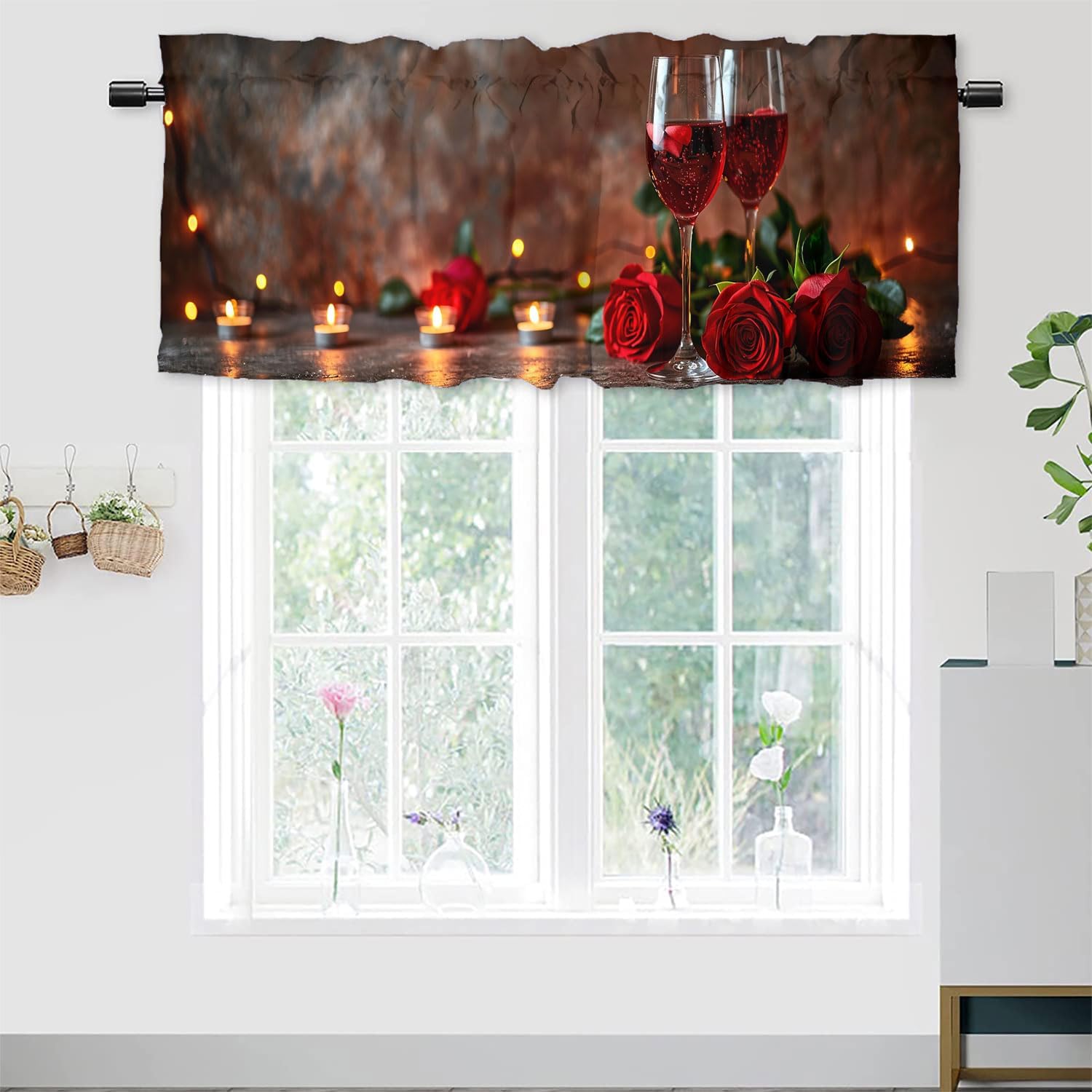 Red Rose and Wine Rod Pocket Valances Curtains for Kitchen Floral Romantic Valentine Thermal Insulated Small Window Curtain for Kitchen Living Room Bedroom 54 x 18 Inch, 2 Panel