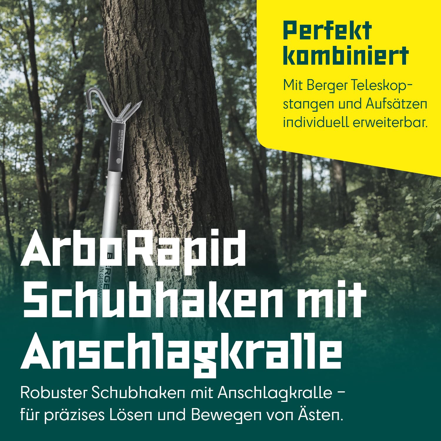 BERGER ArboRapid Schubhaken mit Anschlagkralle 5479 | Teleskopstangenaufsatz aus Metall | 19cm Haken zum Ziehen von Seilen & Holzentfernen | Gartenwerkzeug | Aufsatz für ArboRapid Teleskopstangen