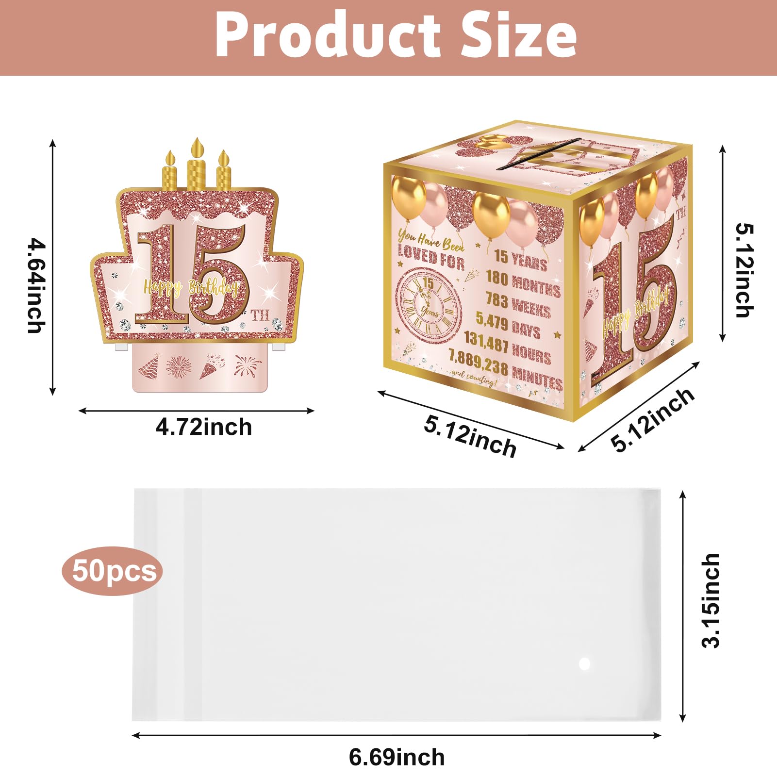Turypaty 15th Birthday Pull-Out Money Gift Box for Girls - Pink Rose Gold Happy Fifteen 15th Birthday Party Cash Gift Box with Pull-Out Card - A Fun and Loving Way to Offer Cash Present