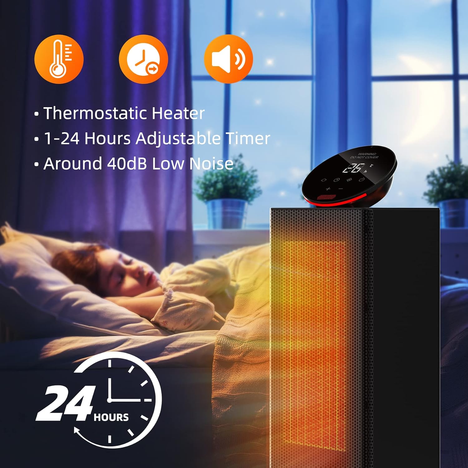 Heater operating with 24-hour timer and low noise