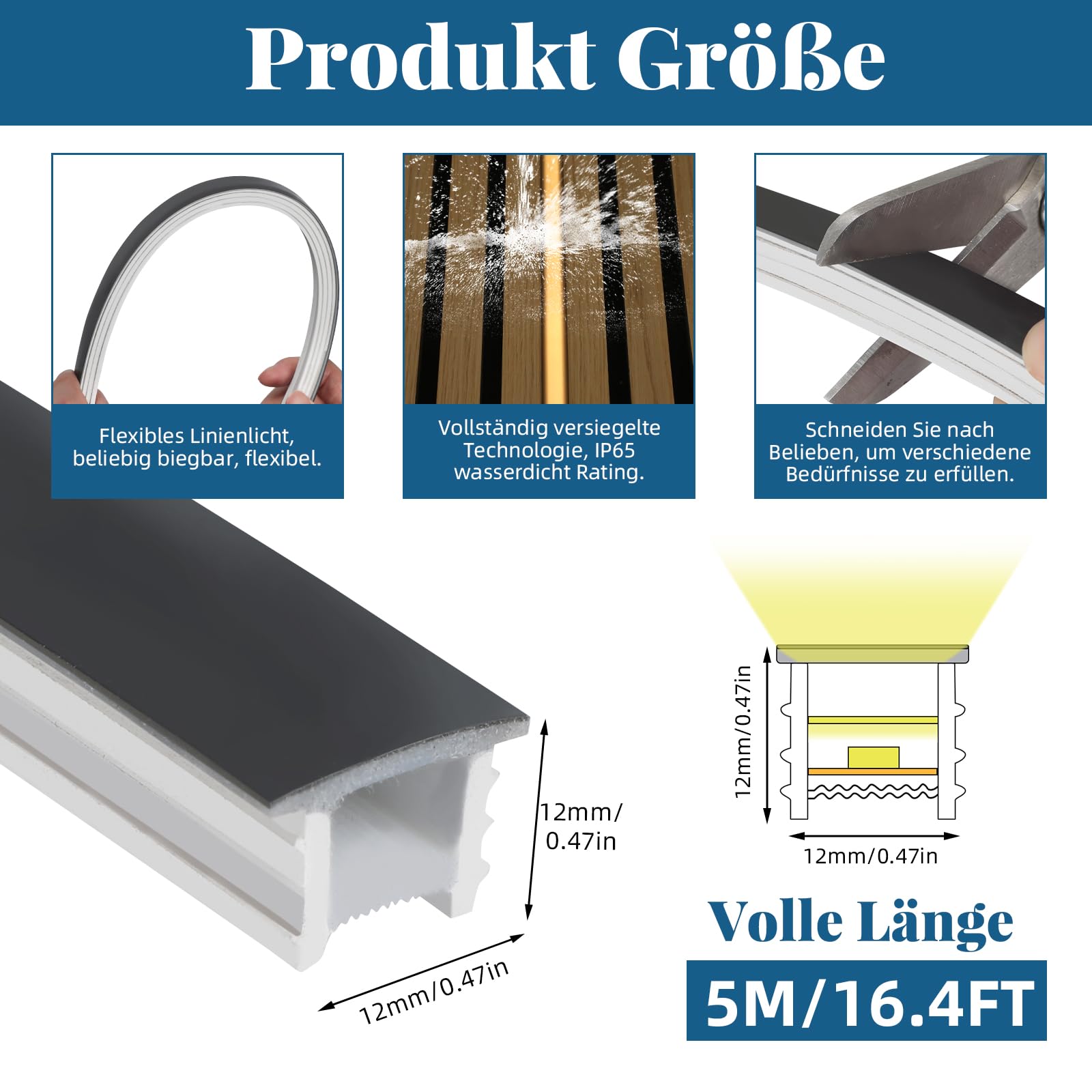Profilo LED in silicone nero, 12 x 12 mm, flessibile, per pannelli acustici, resistente all'acqua, copertura per distribuzione omogenea della luce, effetto neon (senza strisce LED) (nero, 5 m)
