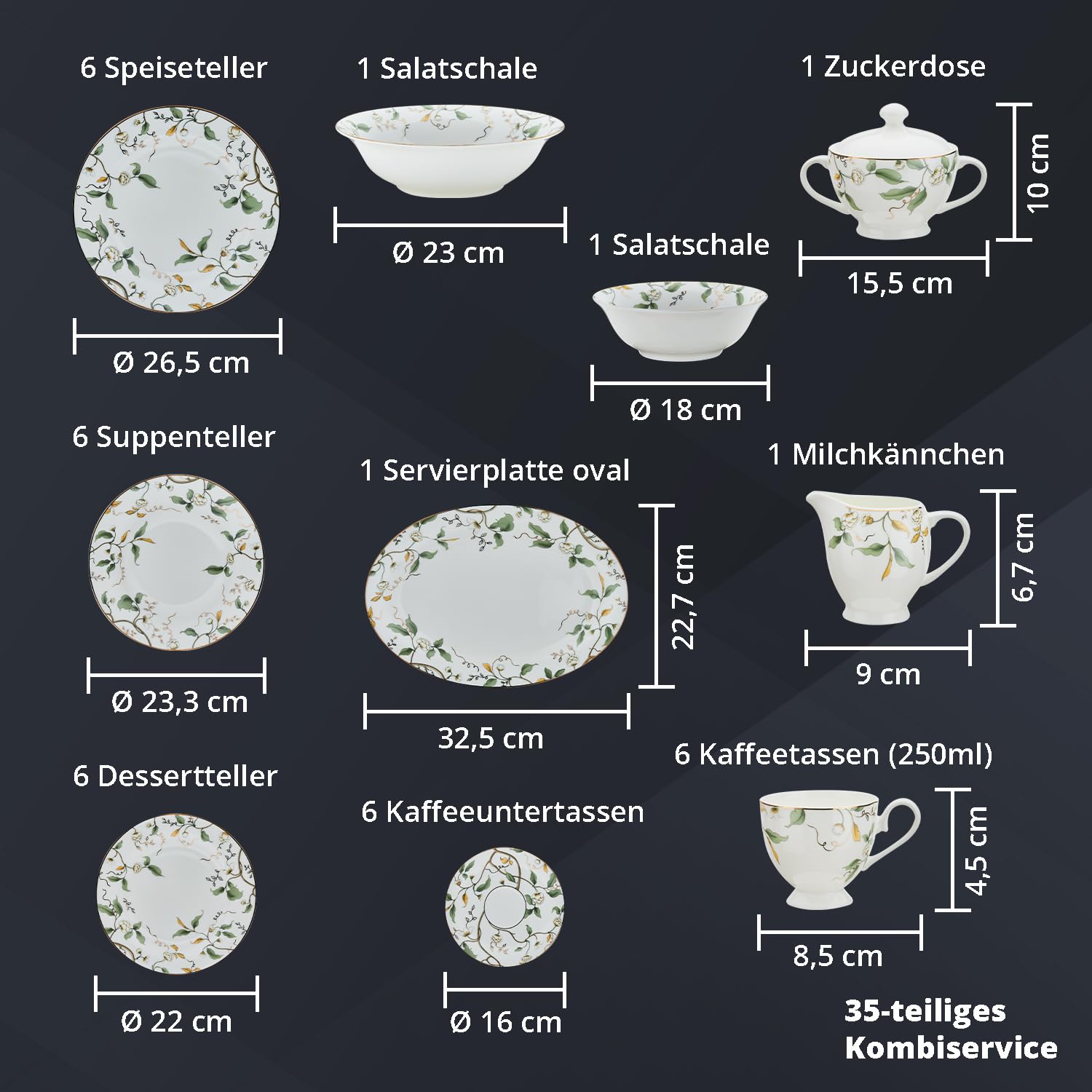 Peill+Putzler Germany, Kombiservice für 6 Personen aus hochwertigem Bon China Porzellan, 35-teiliges Geschirrset in weiß florales Muster aus Blüten & Blättern, Tafelservice & Kaffeeservice, Teller