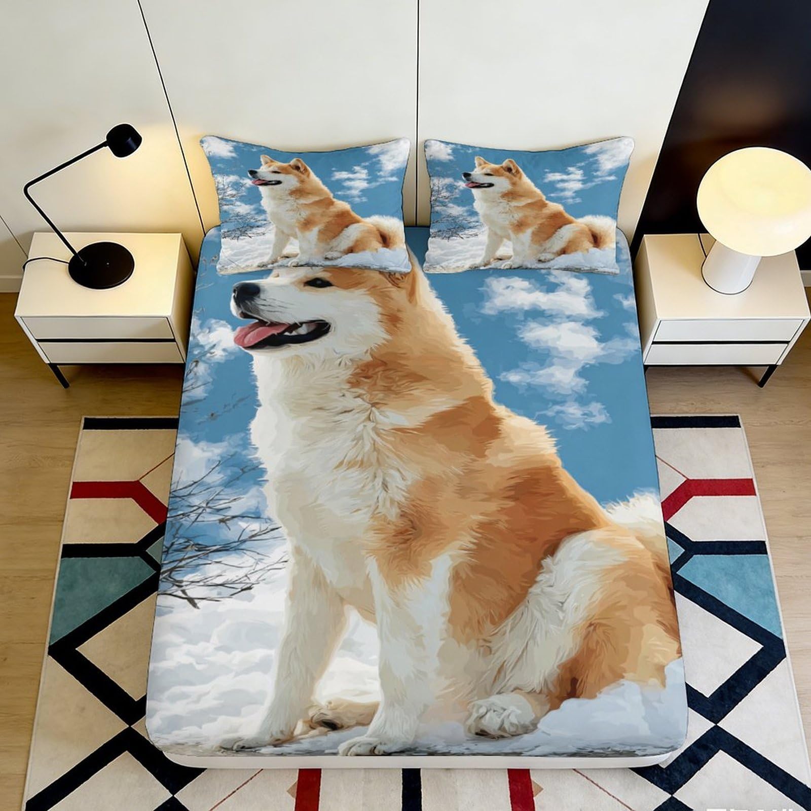 3D Printed Shiba Inu Fitted Sheet Microfiber Soft Breathable Dog Pattern Mattress Cover for Bedroom Guest Room Decor 90x200x25cm