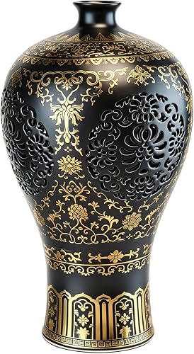Chinese Porcelain Vase - 10.8 Inch Antique Ceramic Flower Vase | Black and Gold, Hollow-Out , Gold Trim & Openwork, Home Decor for Living Room, Office, Entryway