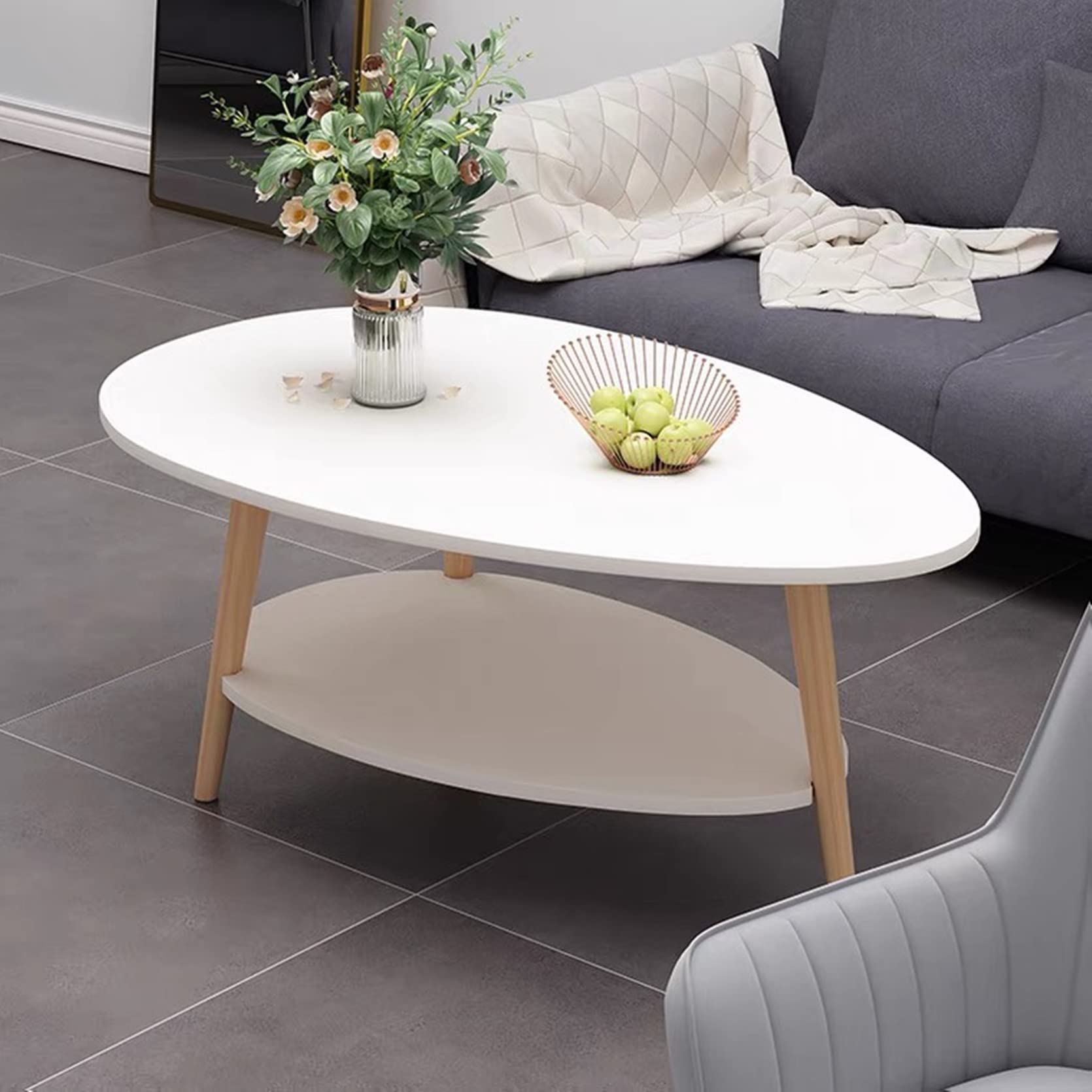 HUOLE Tavolino Salotto 2 Ripiani, Tavolino da Pranzo in Legno per Camera da Letto,comodino,Tavolino da Caffè, per divano, supporto per fiori, robusto,90 * 60 * 40 cm-bianco
