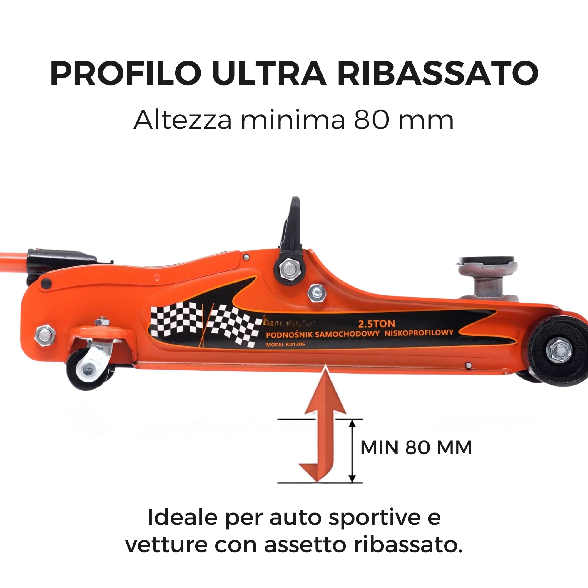 Cric Idraulico Ribassato 2,5T, Sollevatore Auto a Carrello Professionale con Profilo Basso 80-360 mm, Martinetto Idraulico per Cambio Gomme e Manutenzione Veicoli
