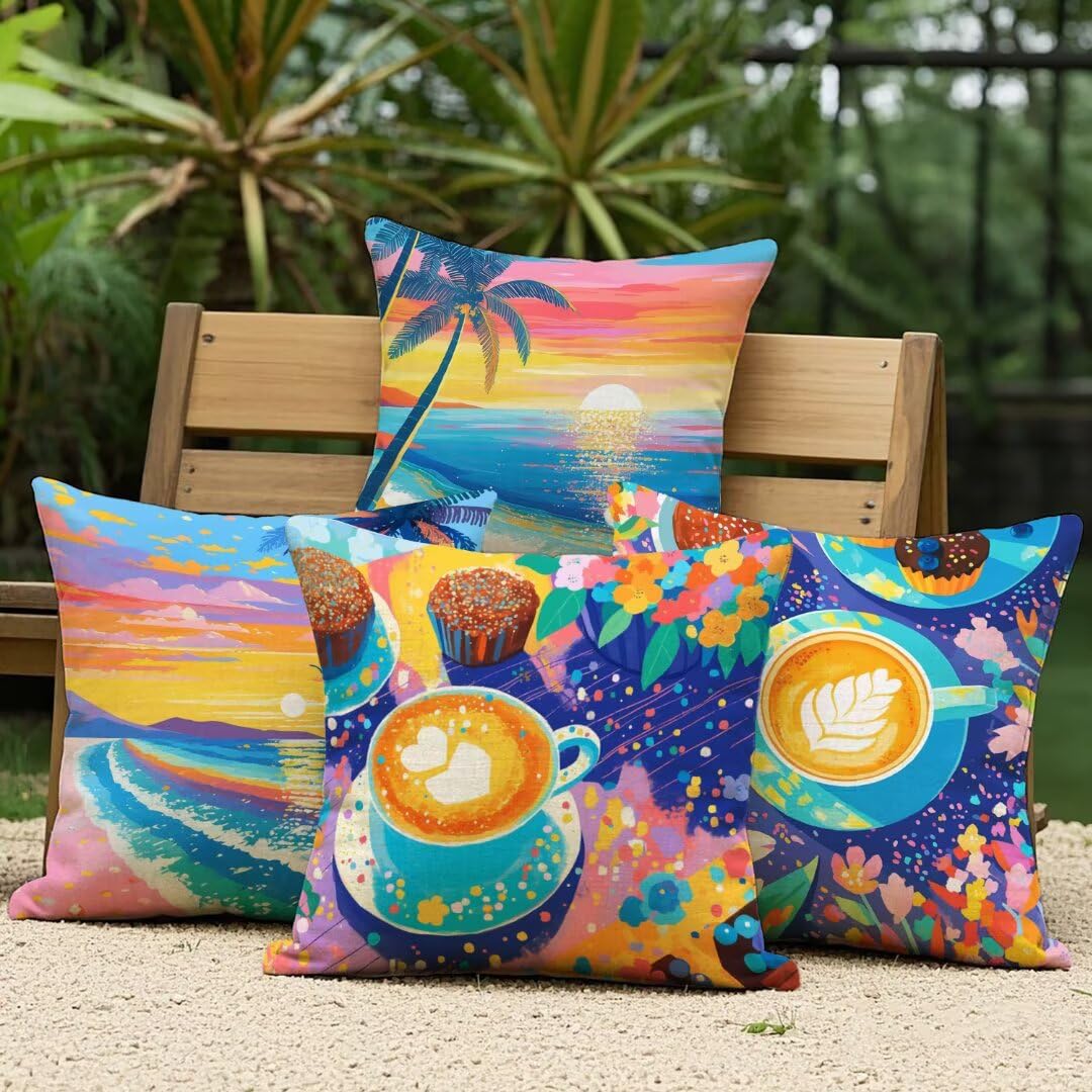 Lot de 4 Housse de Coussin 45x45cm,Housse de Canapé Été Motif Décoratif Imperméable Lin Taie d'oreiller avec Fermeture Éclair Invisible,Salon Chambre à Coucher Décoration de Maison Jardin,Café Ym551