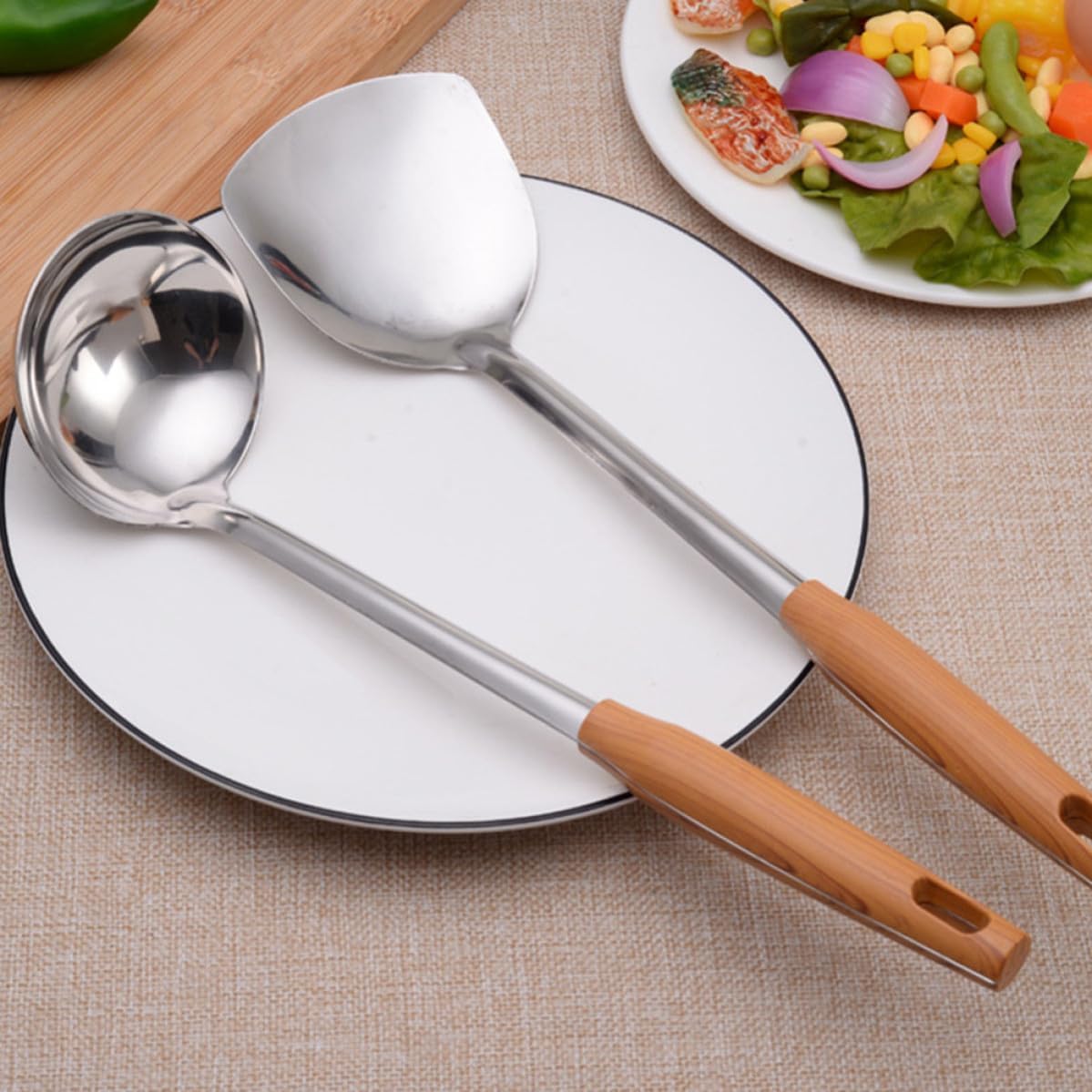 Yardwe Stainless Steel Soup Ladle Wood Grain Handle, Heat Resistant Long Handle Spoon for Kitchen Cooking, Smooth Edges and Hanging Hole, for Home and Camping Use