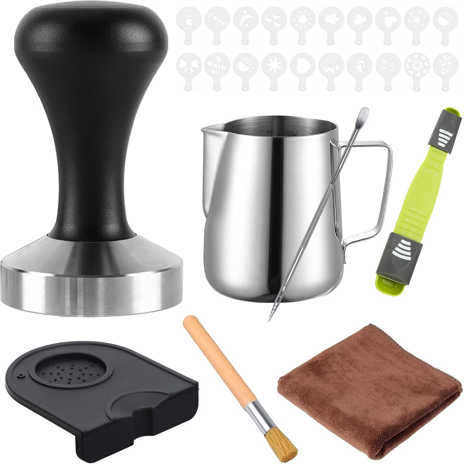Yolococa 51mm Kaffee Tamper Set - Mit Milchkännchen, Matten, Schablonen