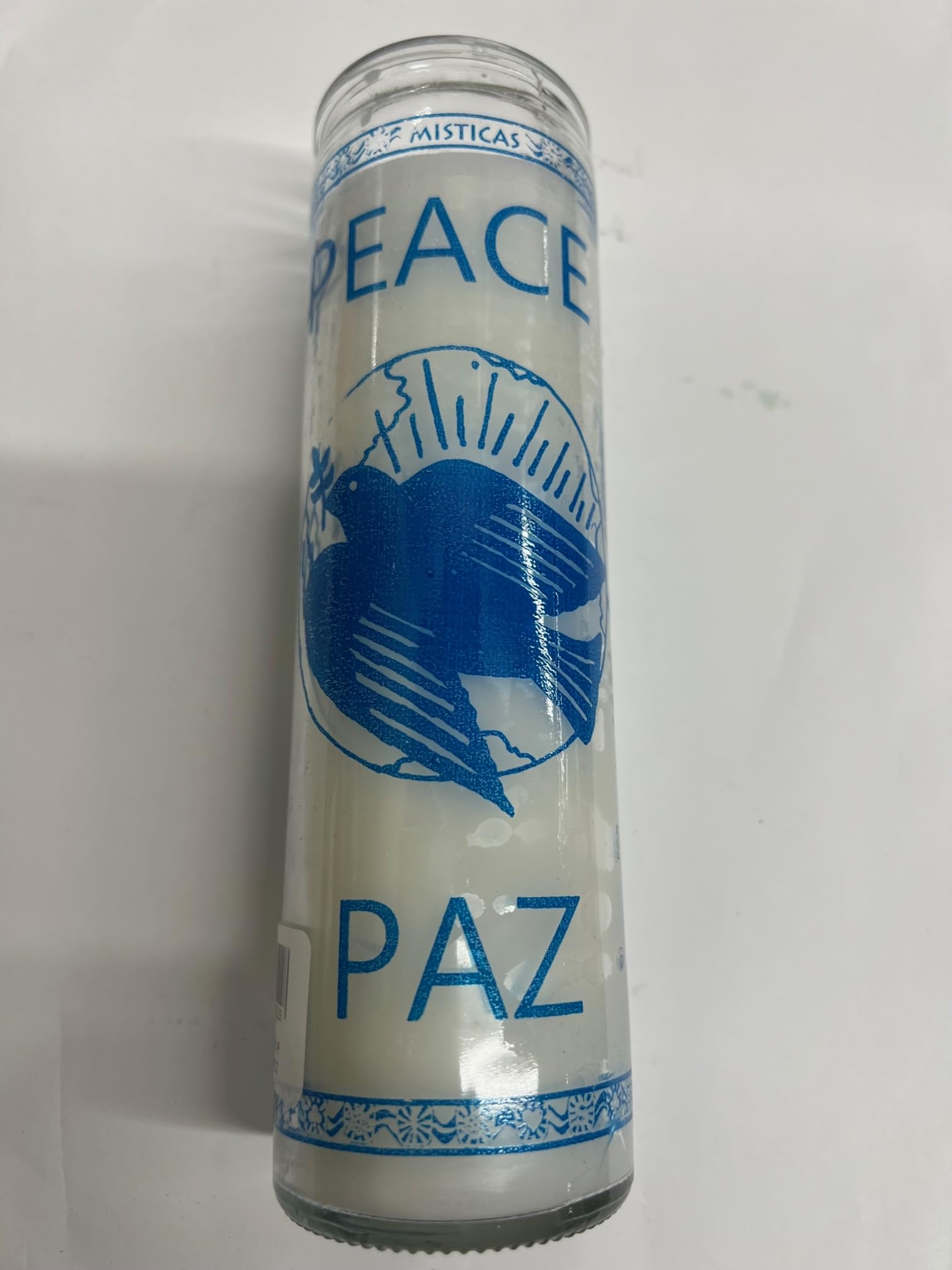 Peace (Paz) Unscented White Pillar Candle in Glass