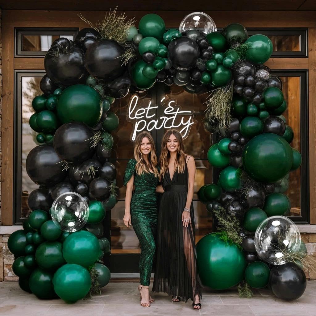Black Green Balloon Garland Double Stuffed Dark Emerald Green Balloons Clear Bobo Metallic Black Balloon Arch Kit for Graduation Baby Shower Birthday Bridal Shower Graduation Party Decorations