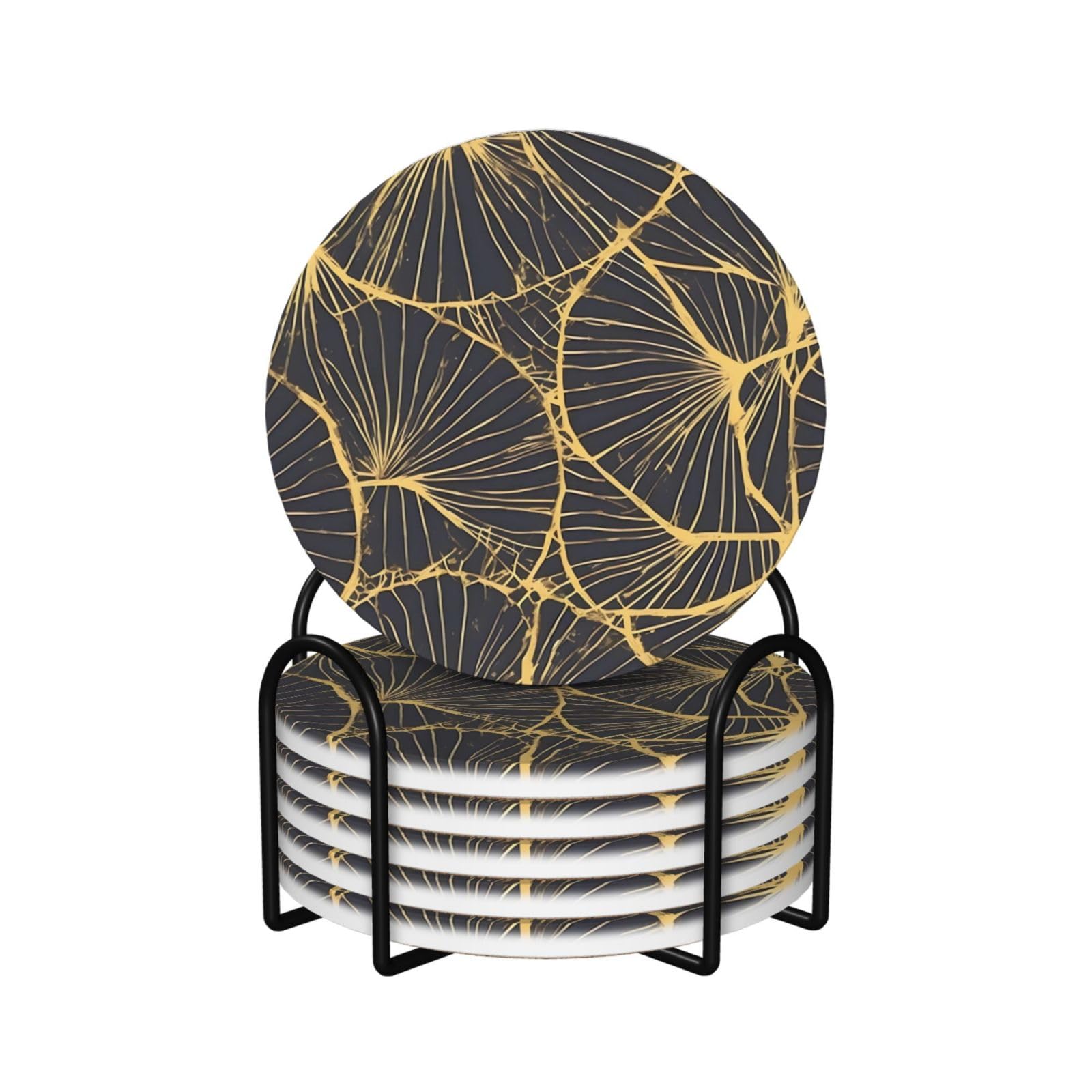 Dessous de verre en céramique et liège (lot de 6) ronds avec motif feuilles dorées pour tasses