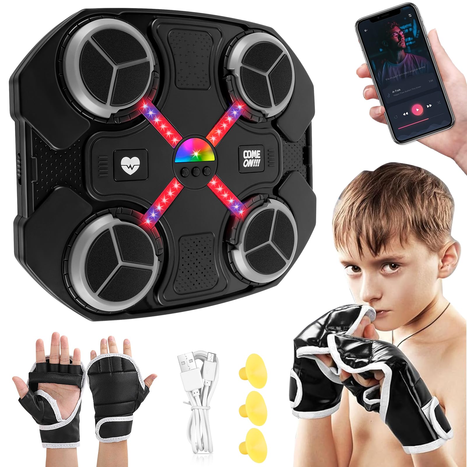 Máquina de Boxeo Musical Infantil Inteligente Bluetooth 3 Niveles Velocidad Guantes Luces Frías Montaje Pared